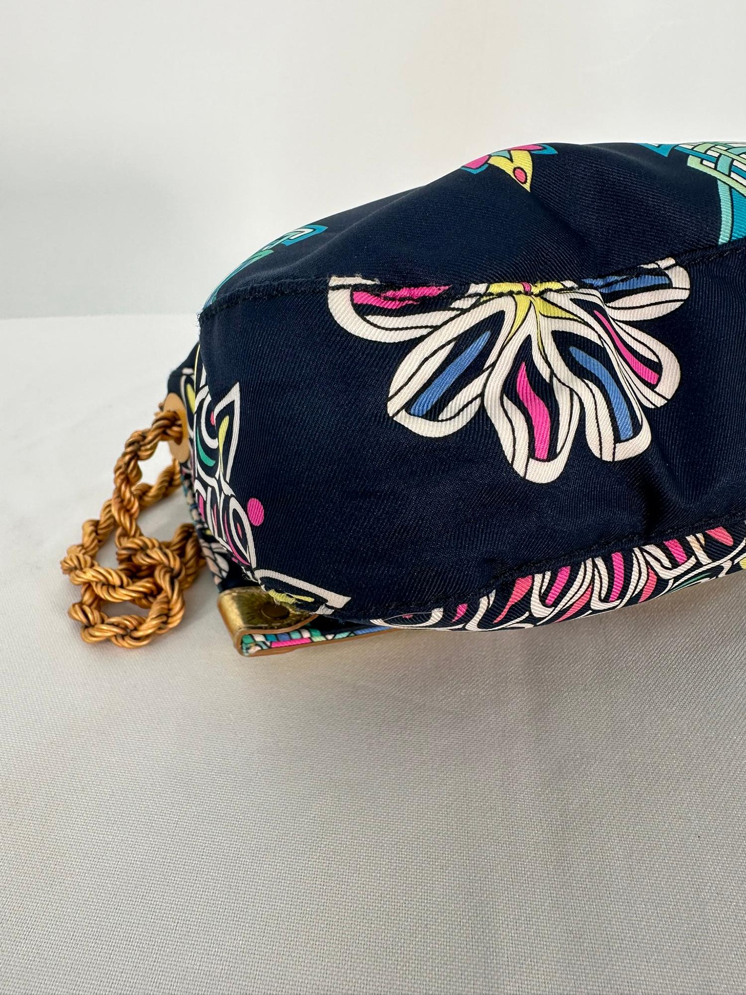 Emilio Pucci Navy Blue Printed Flap Front Hand Bag Matte Gold Chain Strap 6