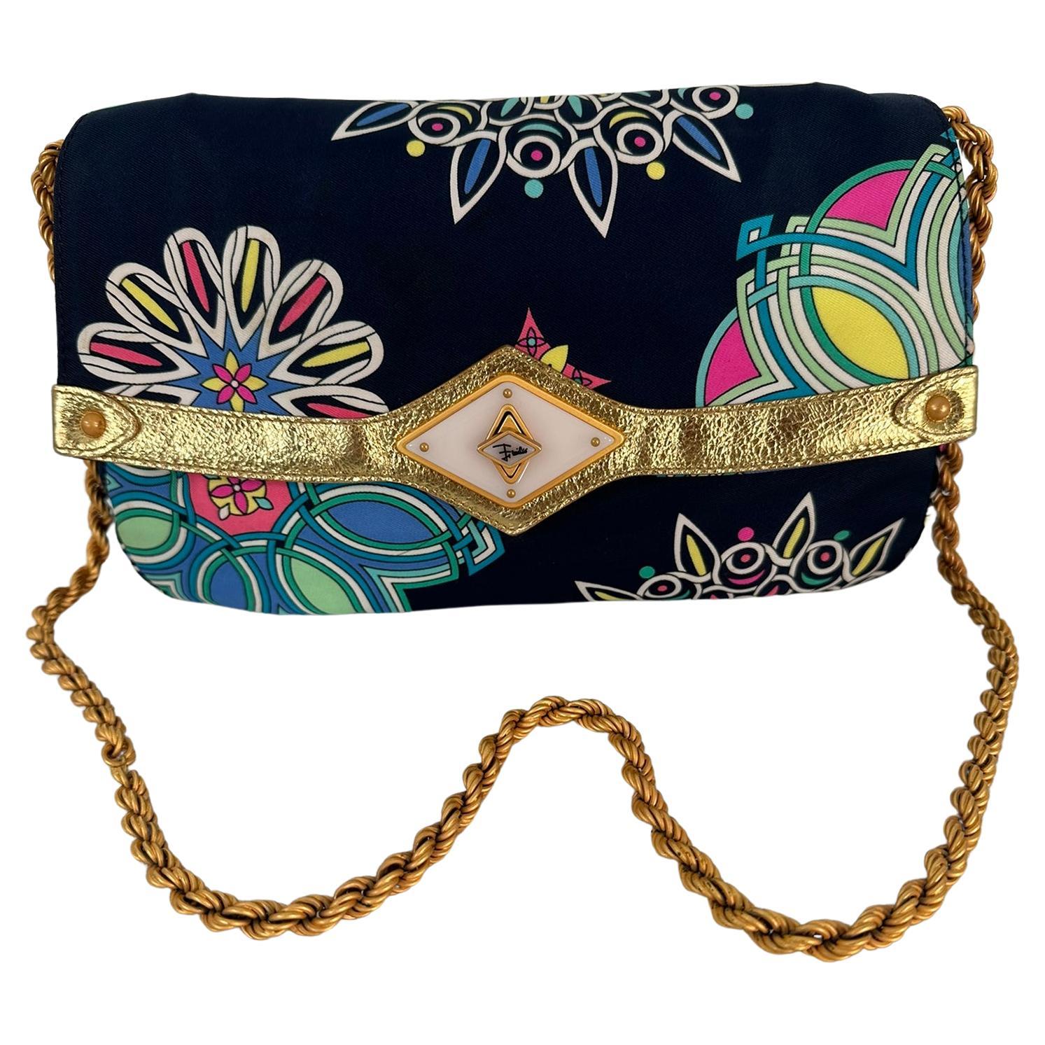 Emilio Pucci Navy Blue Printed Flap Front Hand Bag Matte Gold Chain Strap  For Sale