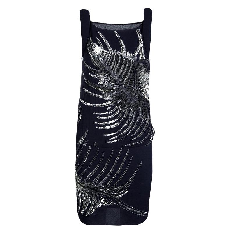 Emilio Pucci Navy Blue Silk Sequin Embellished Drop Waist Sleeveless Dress S