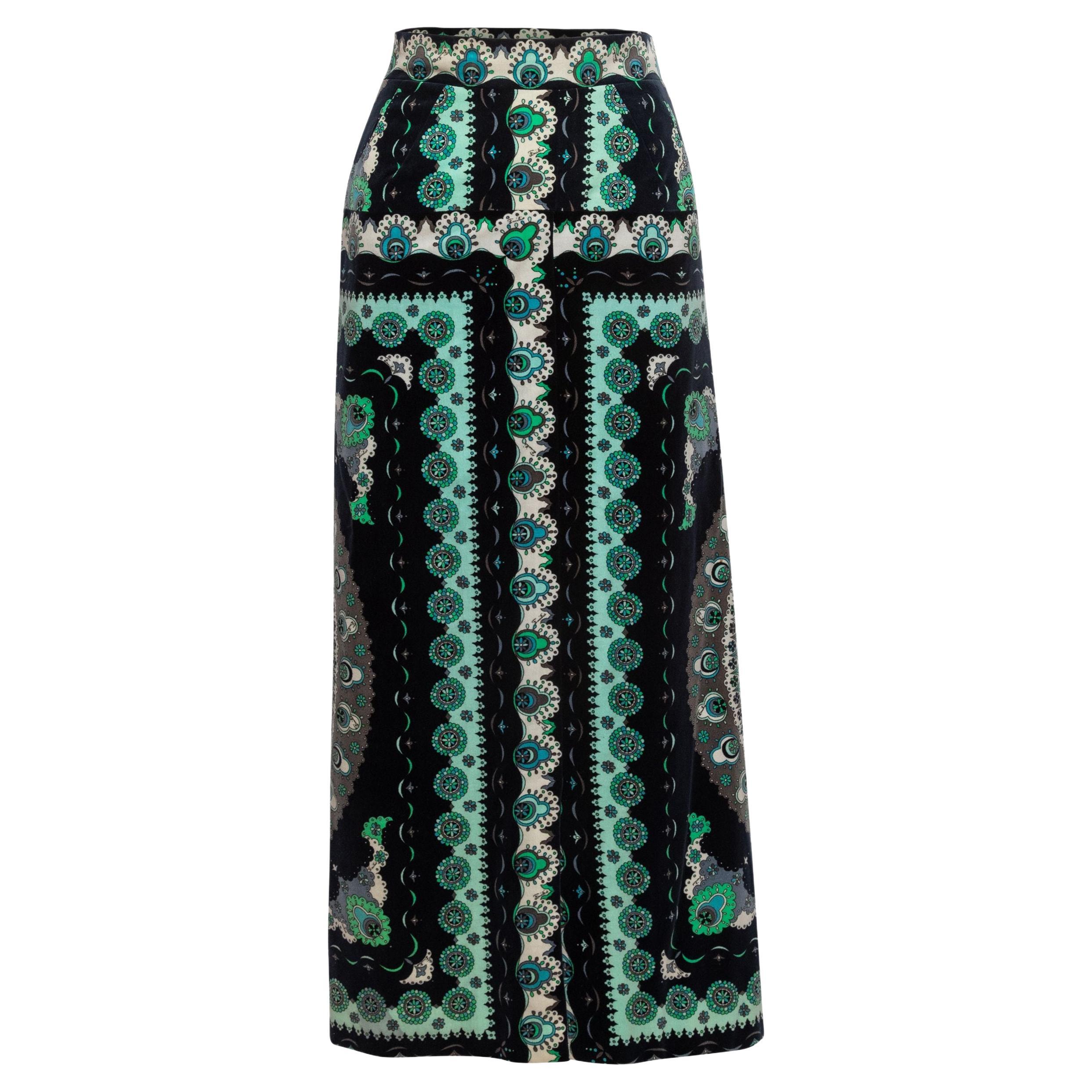 Emilio Pucci Navy & Multicolor 60s Velvet Printed Maxi Skirt