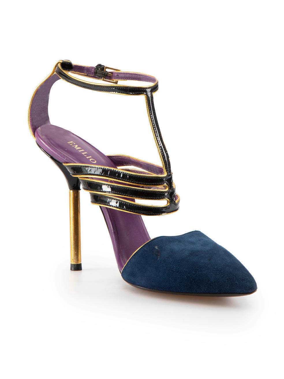 CONDITION is Very good. Minimal wear to heels is evident. Minimal wear to metal heel and metal buckle is slightly tarnished and small mark on suede on this used Emilio Pucci designer resale item.
 
Details
Navy
Suede
Heels
Point toe
Black patent