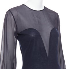 EMILIO PUCCI navy virgin wool silk trim contour sheer billow blouse M