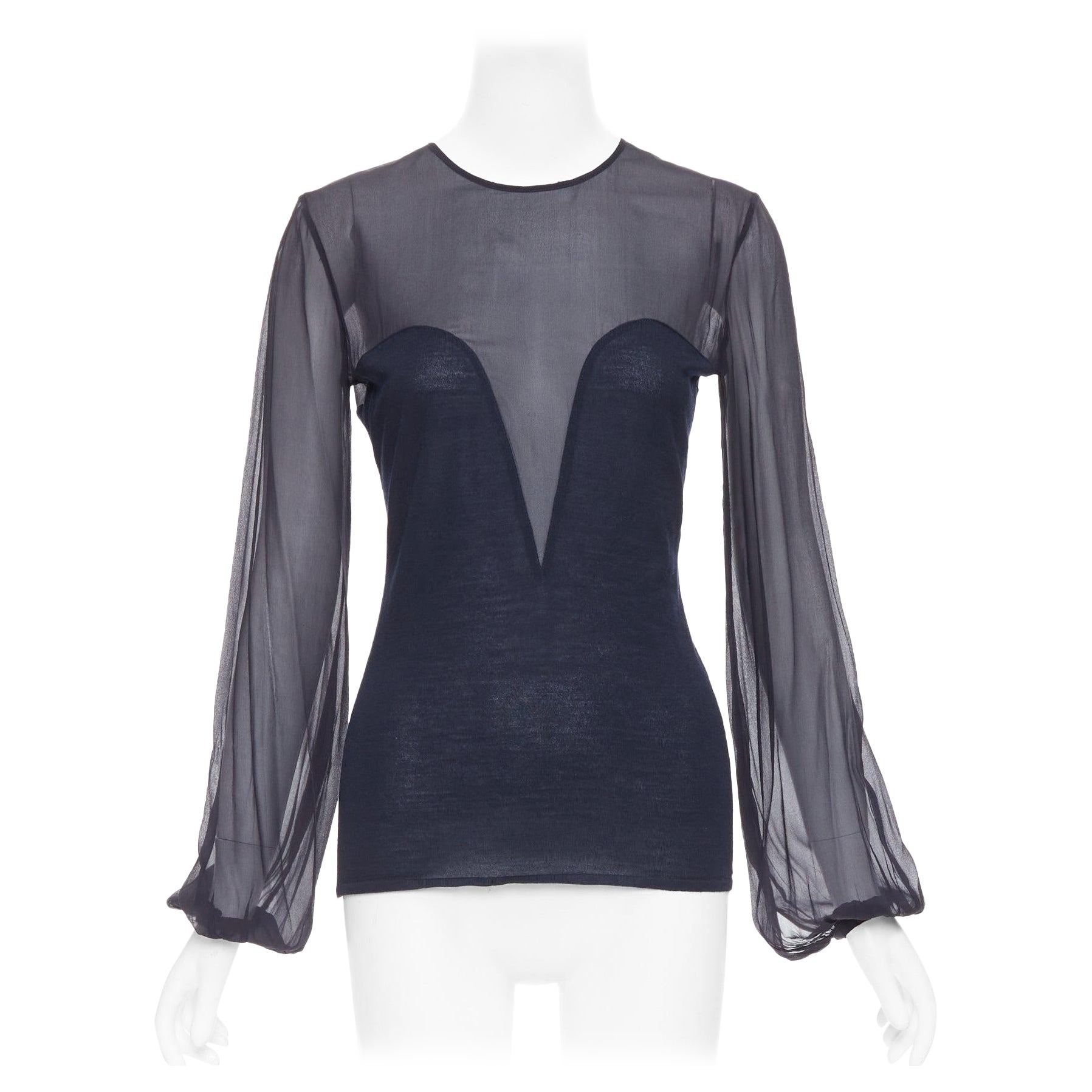 EMILIO PUCCI Marineblaue Schurwoll-Seidenbluse mit Seidenbesatz, durchsichtige Schluppenbluse M