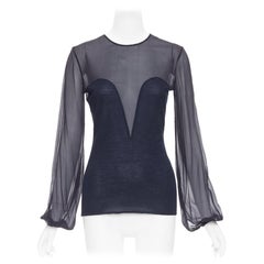 EMILIO PUCCI navy virgin wool silk trim contour sheer billow blouse M