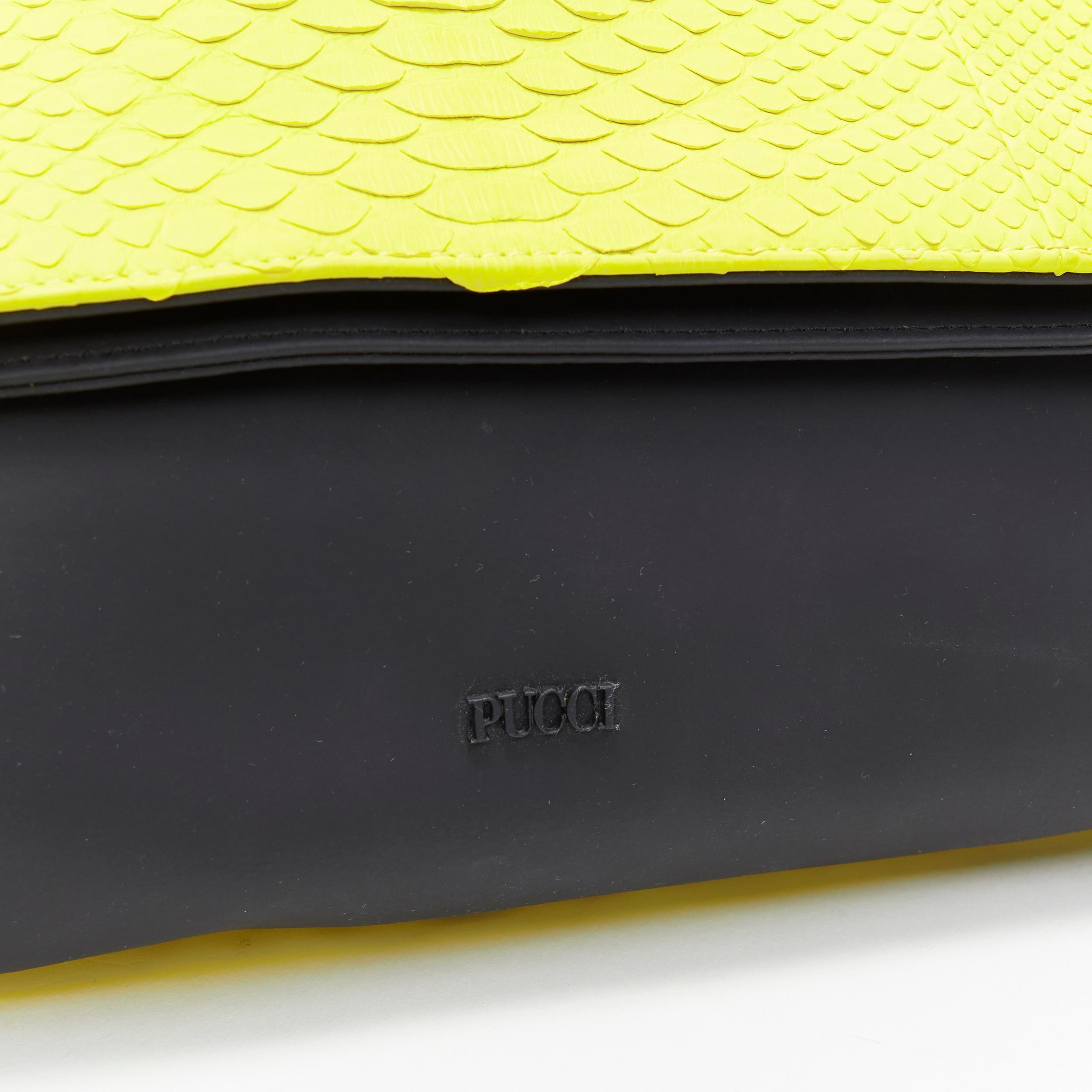 EMILIO PUCCI neon yellow scaled pleather black rubber fold over clutch bag In Excellent Condition In Hong Kong, NT