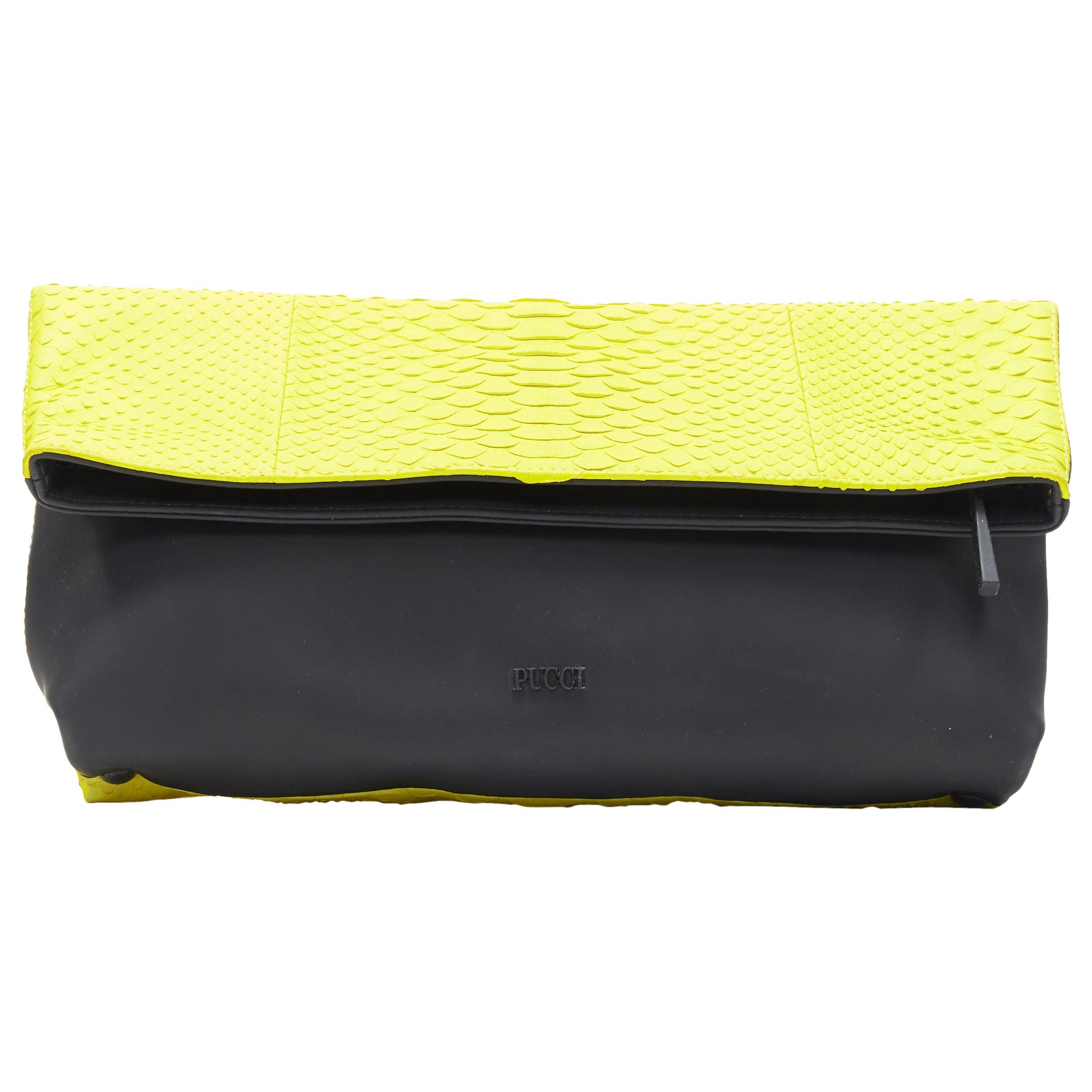 EMILIO PUCCI neon yellow scaled pleather black rubber fold over clutch bag