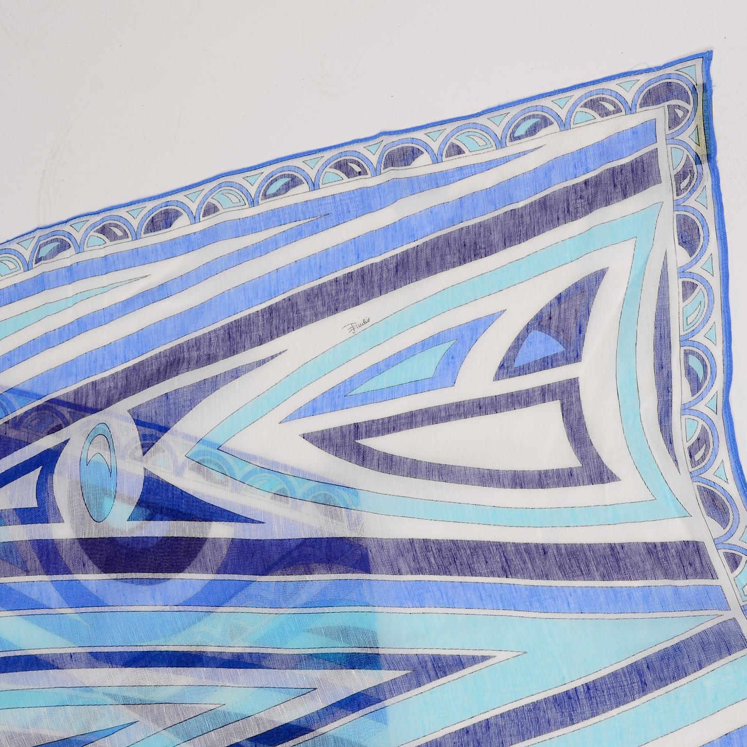 Emilio Pucci New in Original Box Blue Pattern Oblong Linen Scarf 2