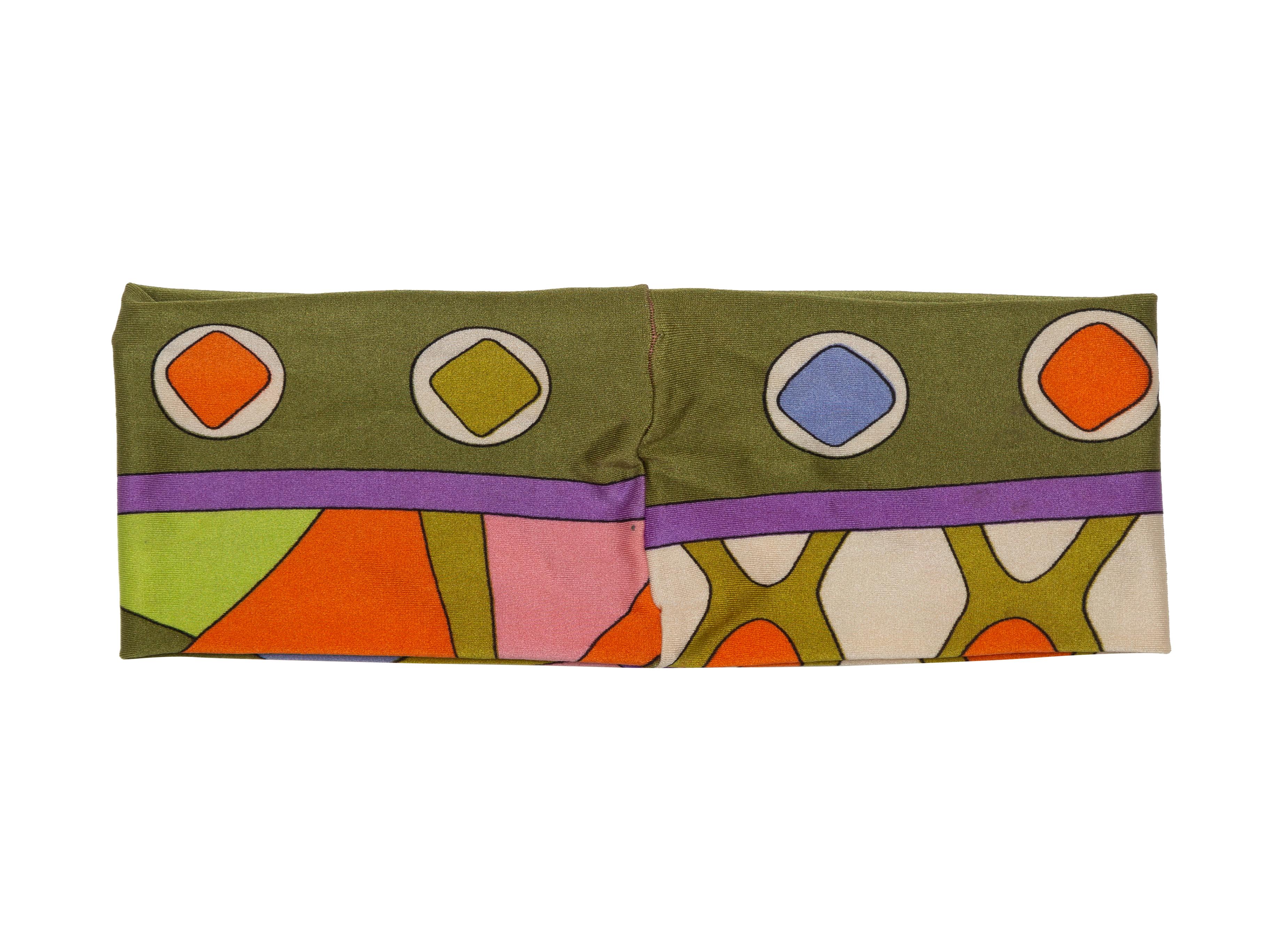 Product Details: Vintage olive green and multicolor abstract print stretchy headband by Emilio Pucci. 10