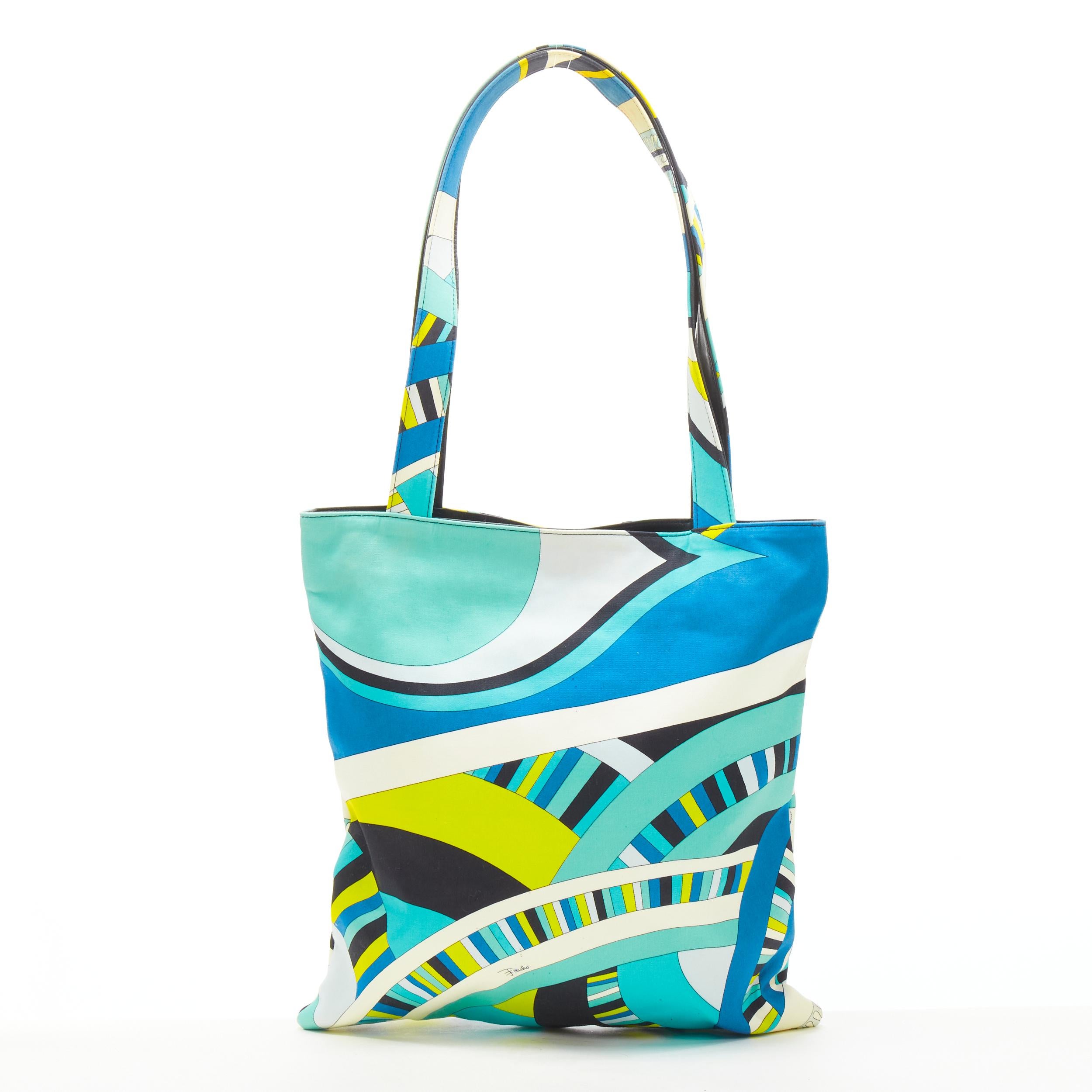 Women's EMILIO PUCCI Onde Nuages print blue yellow leather trim handle tote bag For Sale