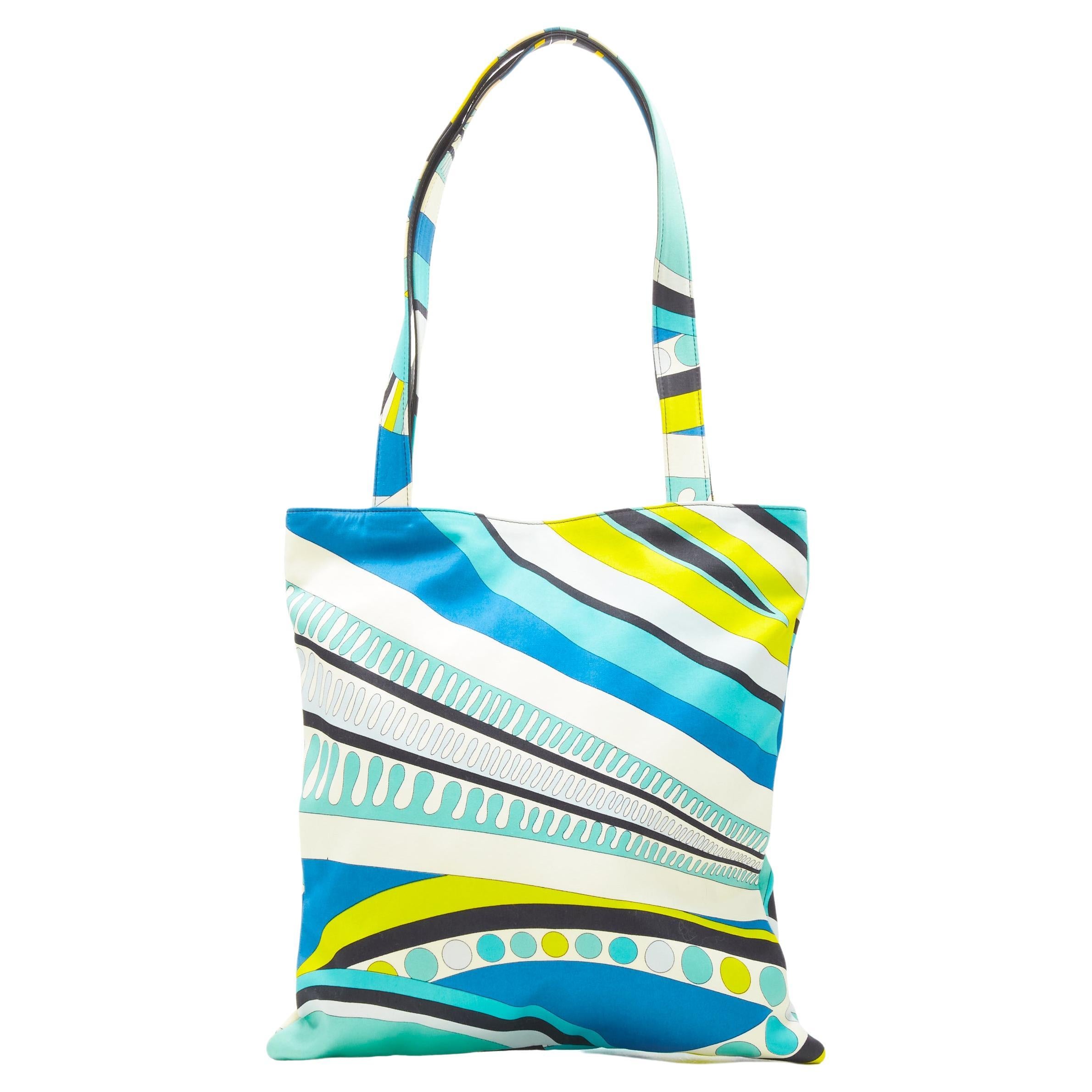 EMILIO PUCCI Onde Nuages print blue yellow leather trim handle tote bag For Sale