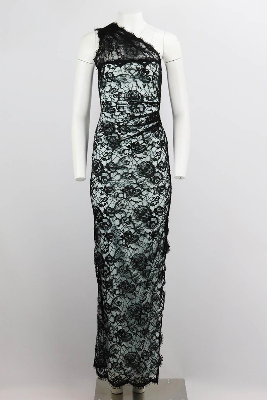 Emilio Pucci one shoulder lace and silk satin maxi dress. Black and blue. Sleeveless, one-shoulder. Zip fastening at side. 67% Viscose, 33% polyamide; lining: 92% silk, 8% elastane. Size: IT 38 (UK 6, US 2, FR 34). Bust: 29 in. Waist: 24 in. Hips: