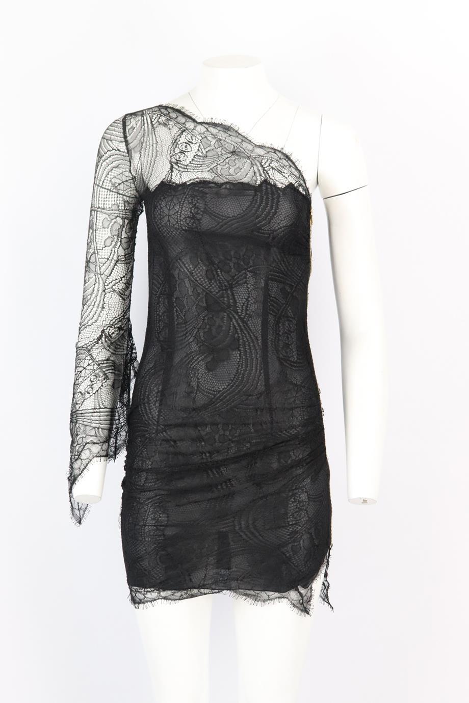 Emilio Pucci one shoulder lace mini dress. Black. Long sleeve, one shoulder. Zip fastening at side. Size: IT 38 (UK 6, US 2, FR 34). Bust: 32 in. Waist: 29 in. Hips: 35 in. Length: 33 in. Very good condition - No sign of wear; see pictures.