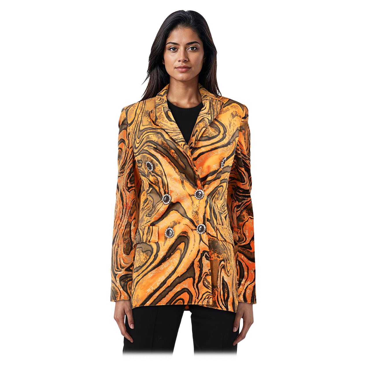 Emilio Pucci Orange 
Black Velvet Swirl Jacket Size S For Sale