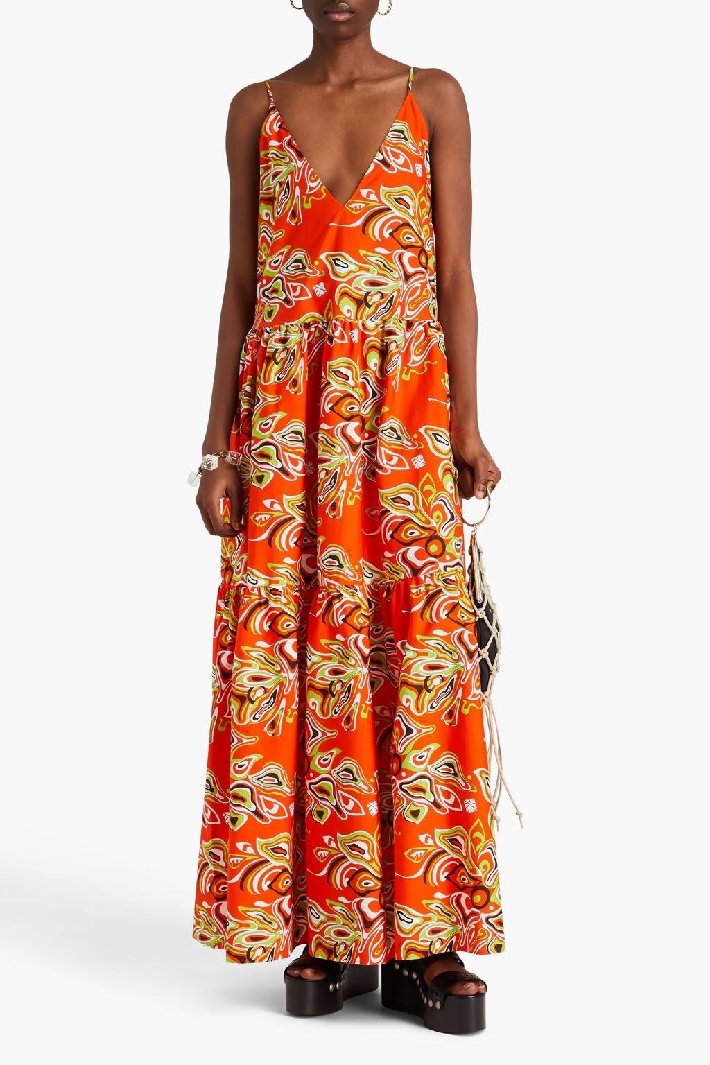 EMILIO PUCCI orange cotton 2022 PRINTED POPLIN MAXI Dress S For Sale 1