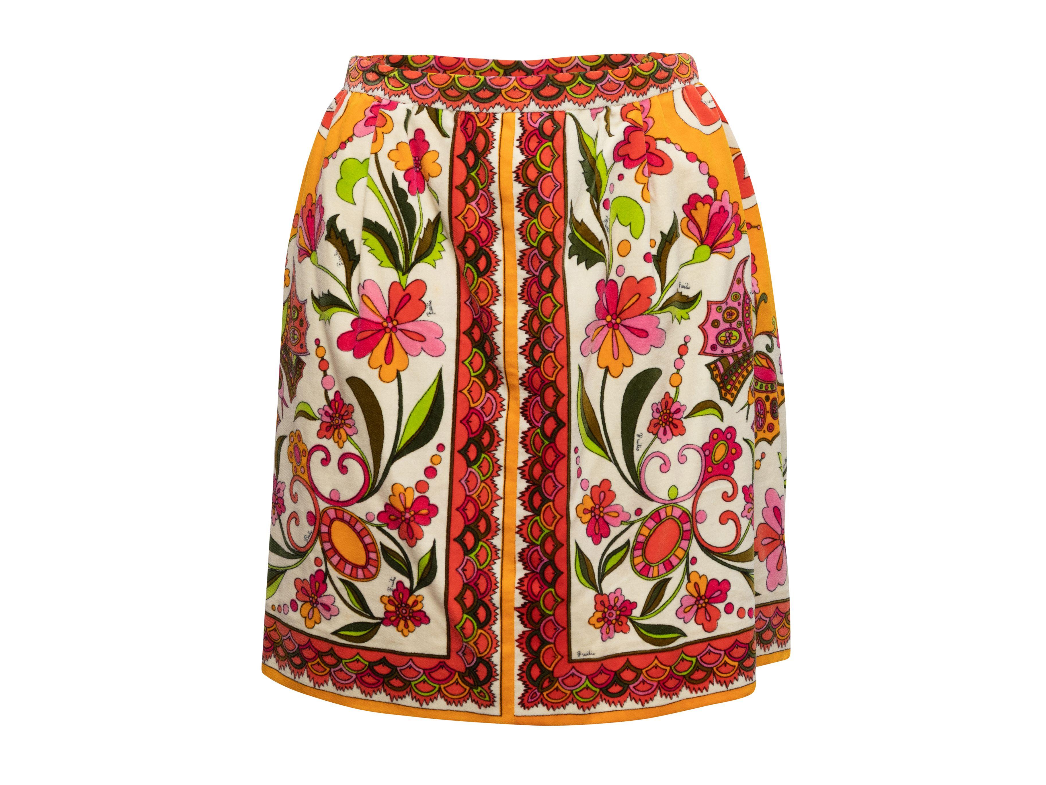 Beige Emilio Pucci Orange & Multicolor 60s Floral Print Velvet Skirt For Sale
