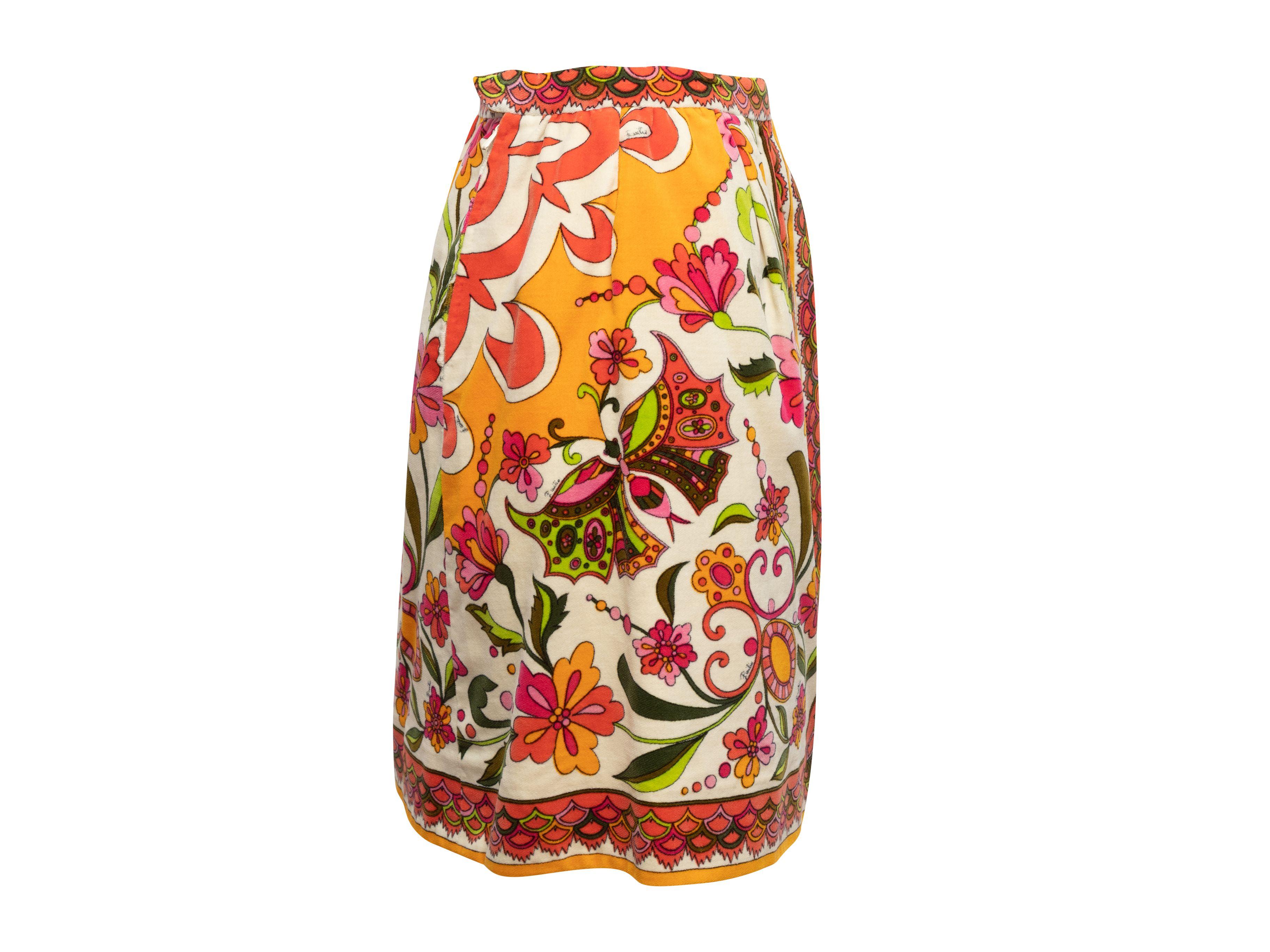 Emilio Pucci Orange & Multicolor 60s Floral Print Velvet Skirt In Good Condition For Sale In New York, NY
