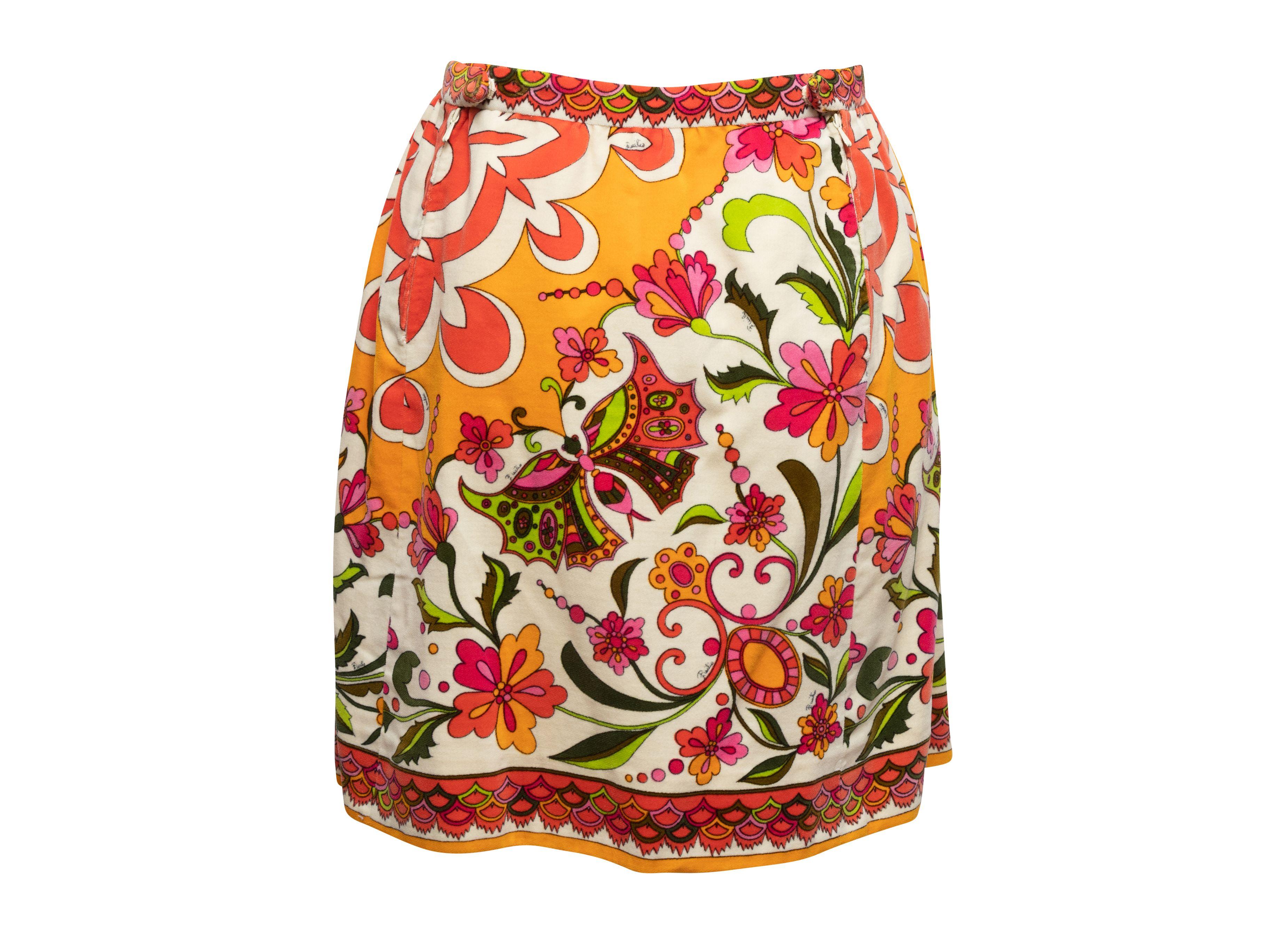 Women's Emilio Pucci Orange & Multicolor 60s Floral Print Velvet Skirt For Sale