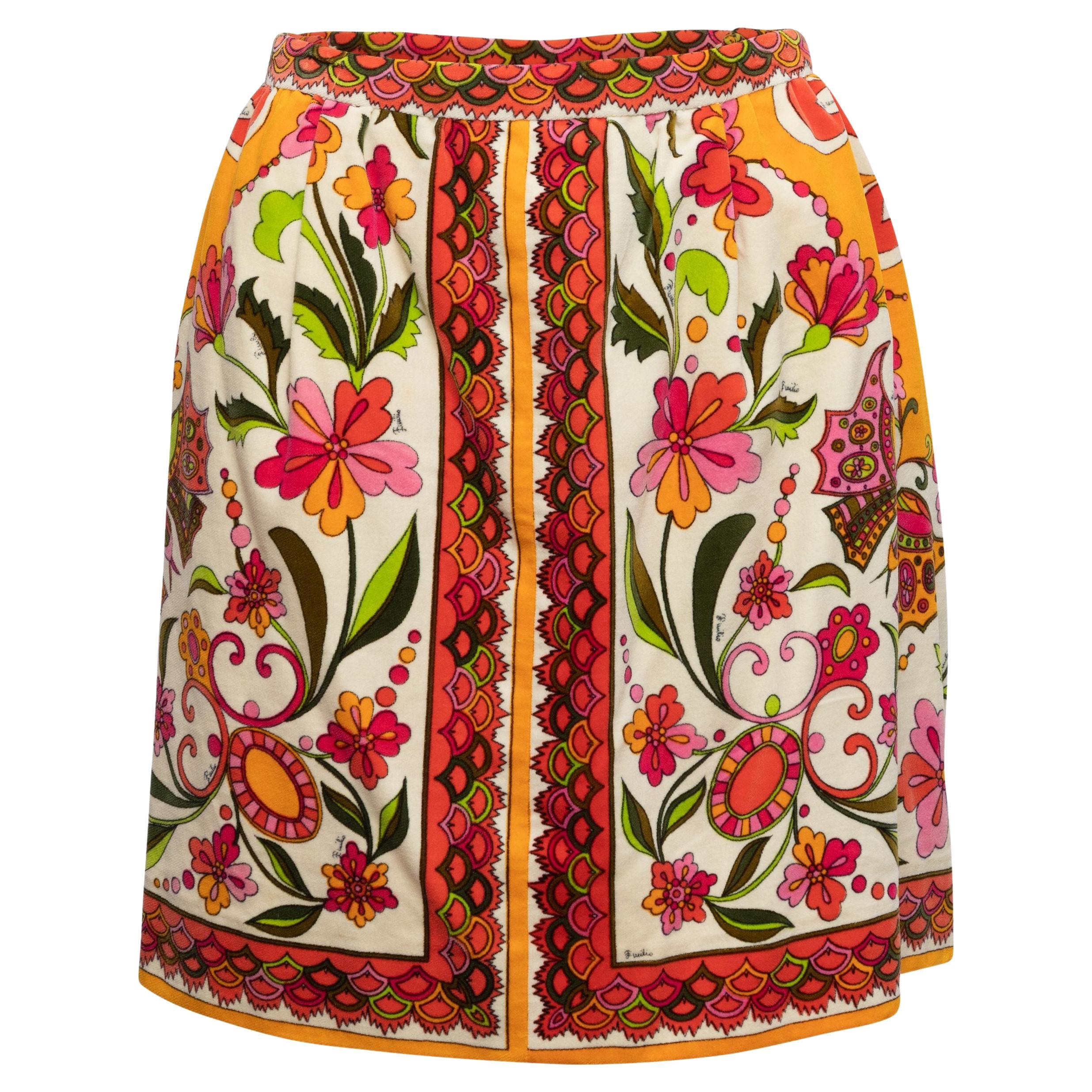 Emilio Pucci Orange & Multicolor 60s Floral Print Velvet Skirt For Sale