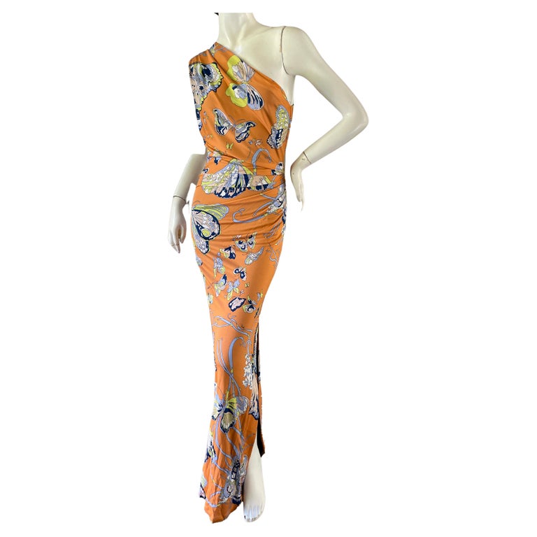 Butterfly Print Draped-Sleeve Gown