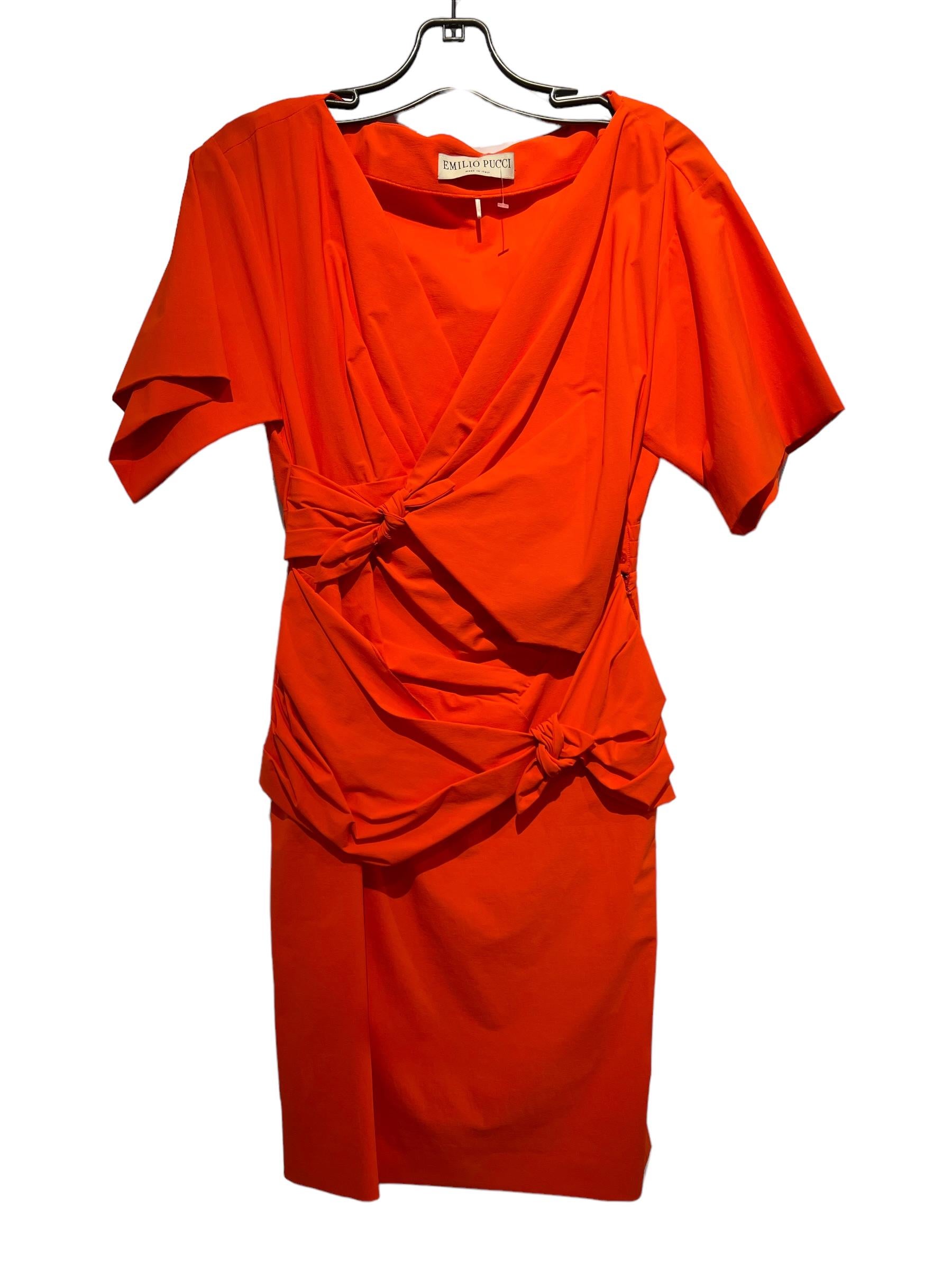 Emilio Pucci Shift Orange Dress, Pleated Accents, Short Sleeve with V-Neck, Concealed Closure at side. 