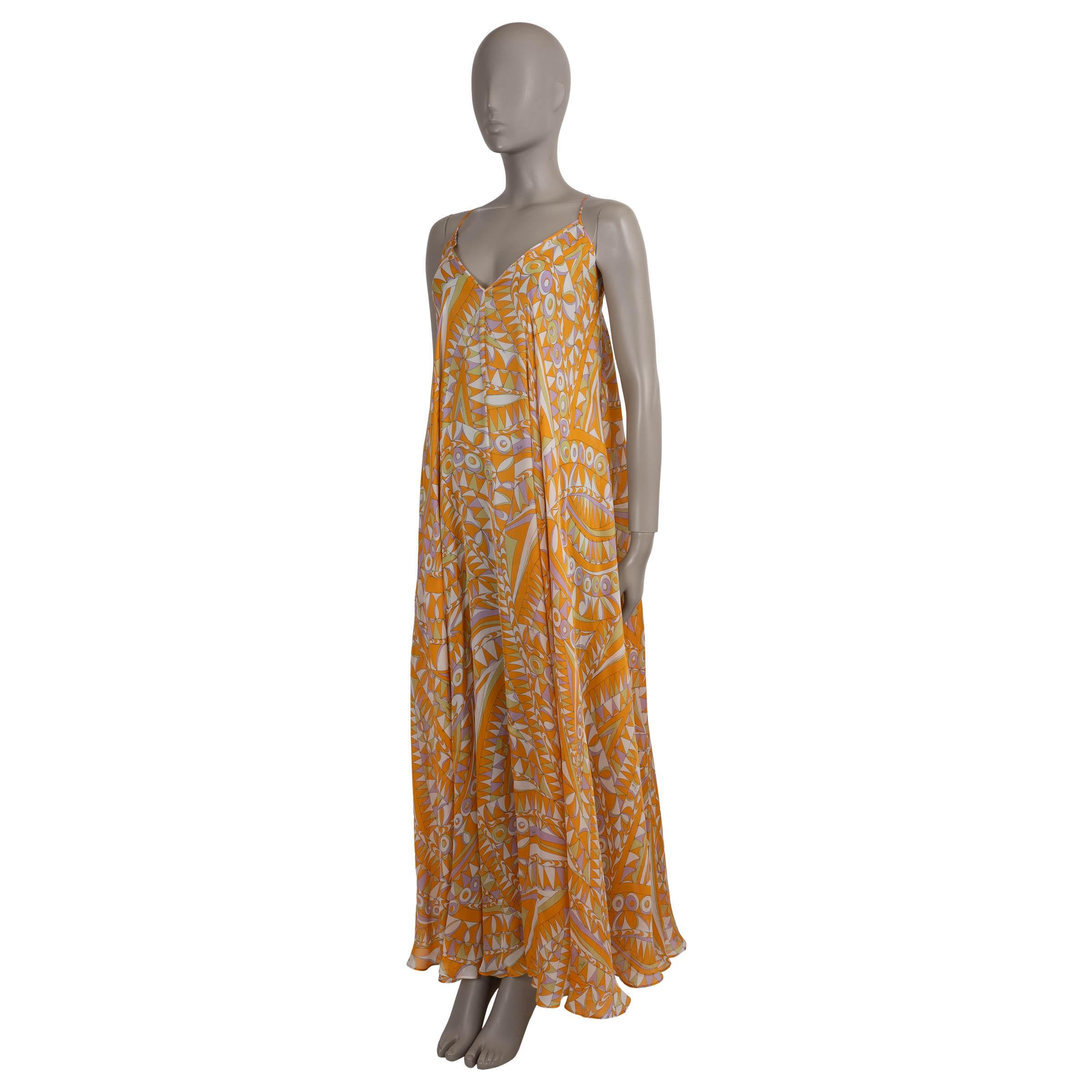 This 100% authentic Emilio Pucci dress is crafted in airy chiffon silk (content and size tag missing), featuring the signature Banderine print in vibrant orange, white, and lavender. Designed with a flowing, A-line silhouette and maxi length, it has