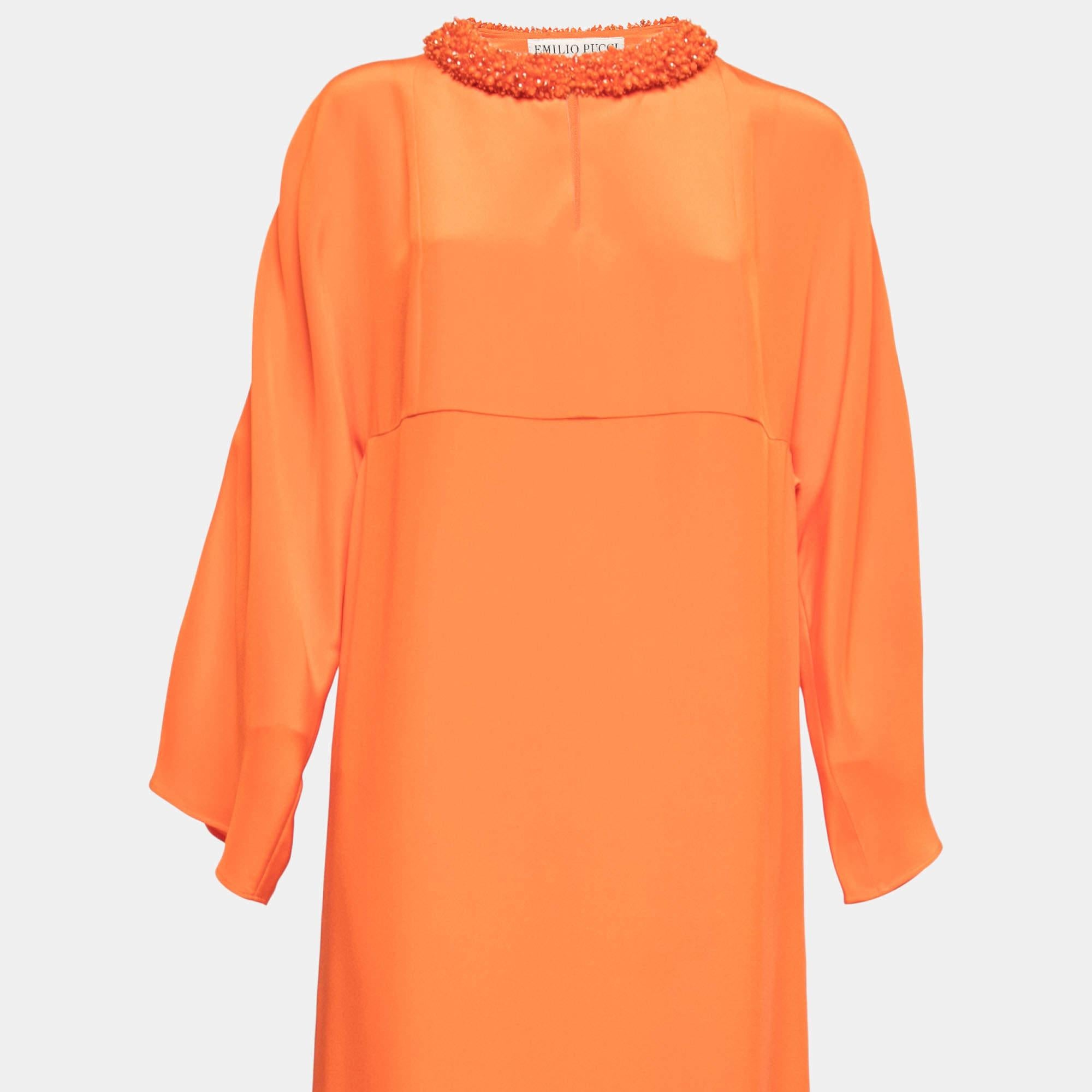 Emilio Pucci Orange Silk Embellished Neck Detail Long Dress S In Good Condition In Dubai, Al Qouz 2