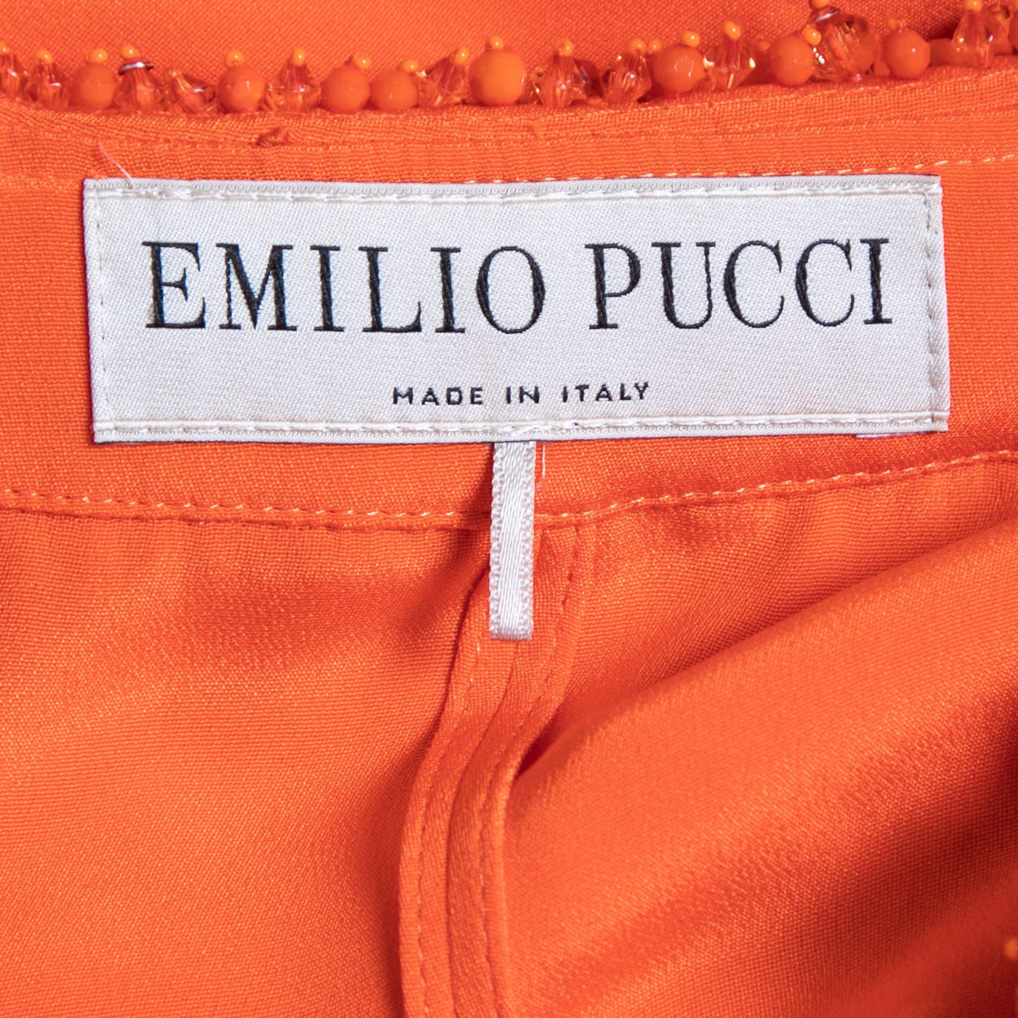 Women's Emilio Pucci Orange Silk Embellished Neck Detail Long Dress S