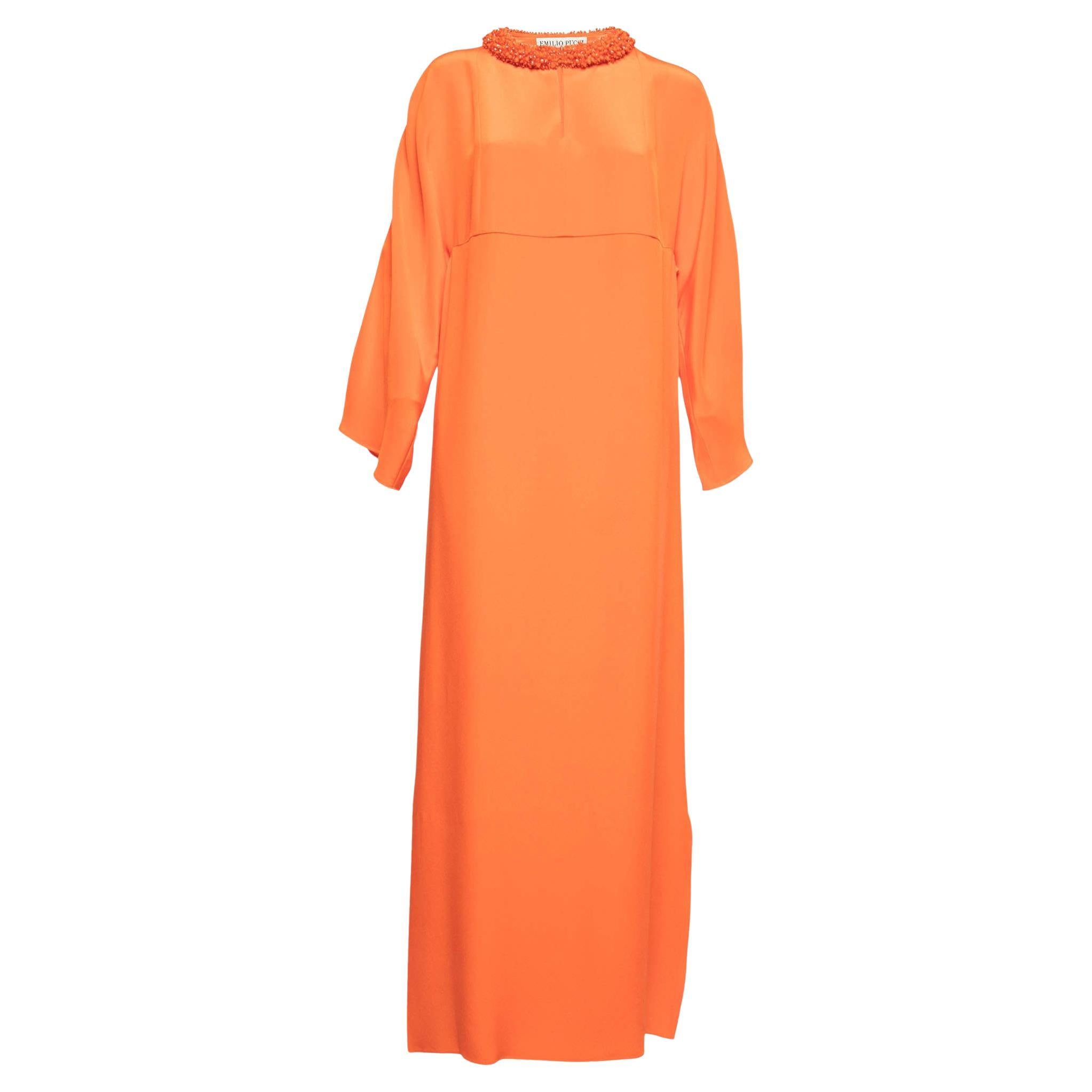 Emilio Pucci Orange Silk Embellished Neck Detail Long Dress S