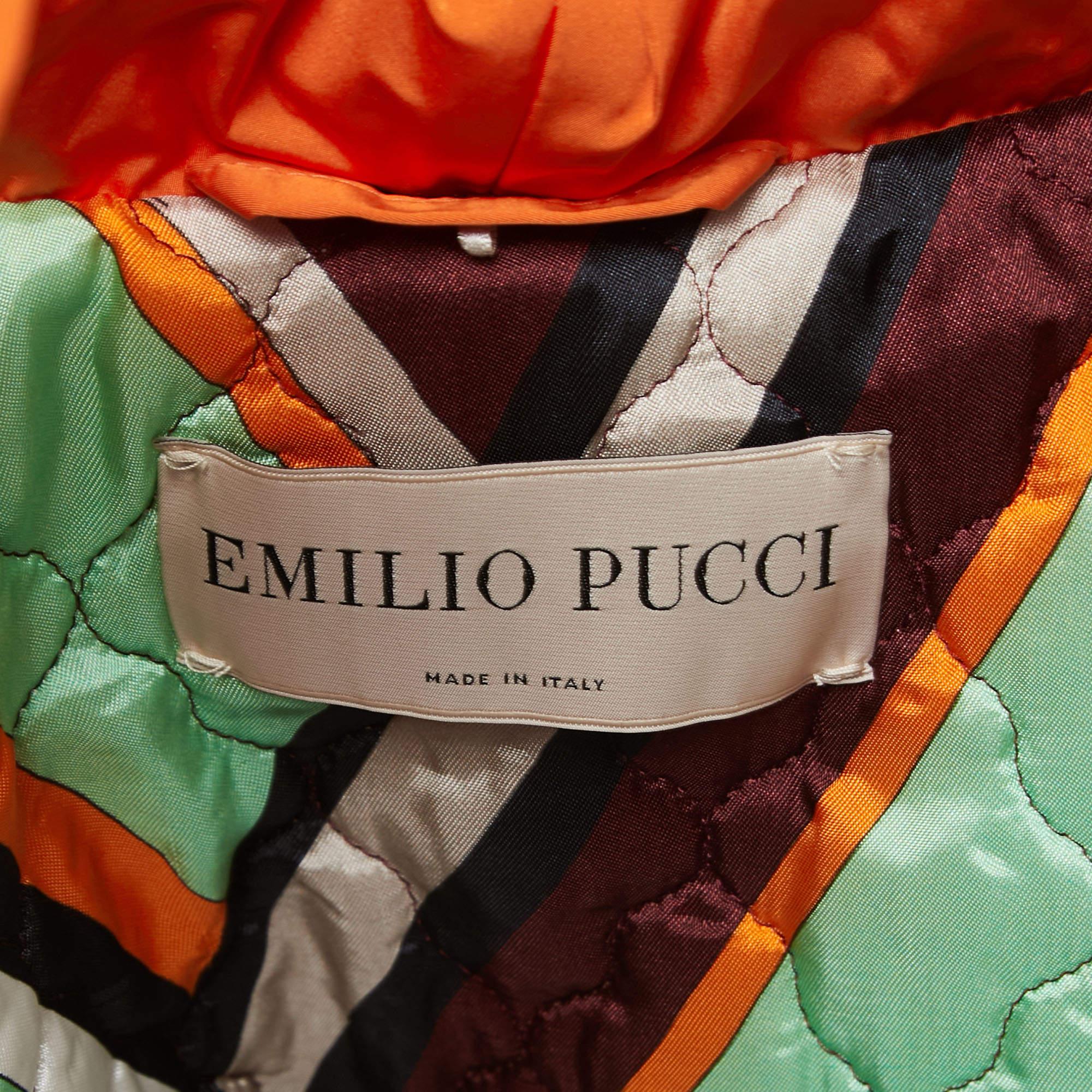 Emilio Pucci Orange Synthetic Hooded Down Jacket M In Excellent Condition For Sale In Dubai, Al Qouz 2