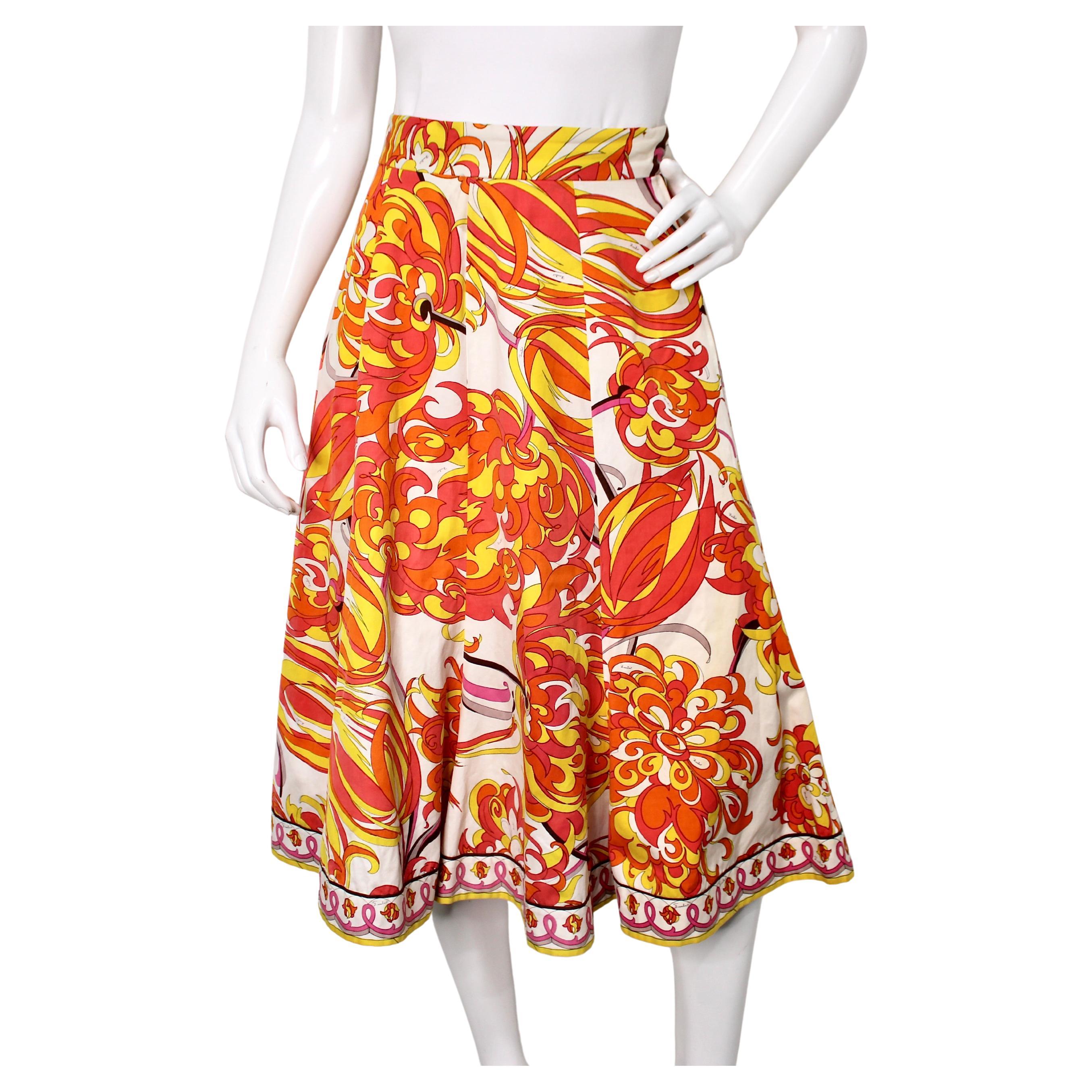 Emilio Pucci Orange 
Yellow Print Pleated Midi Skirt circa 1960s For Sale