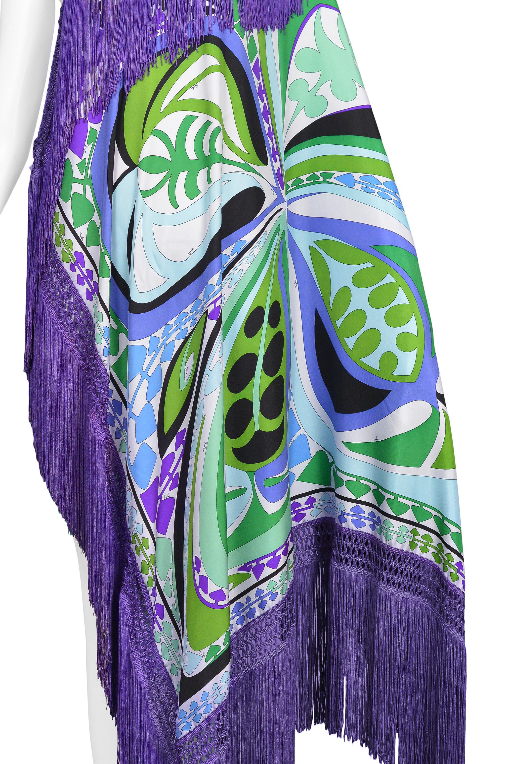 Resurrection Vintage is excited to offer a vintage Emilio Pucci green, blue, and  purple extra-large silk scarf featuring an abstract print with 