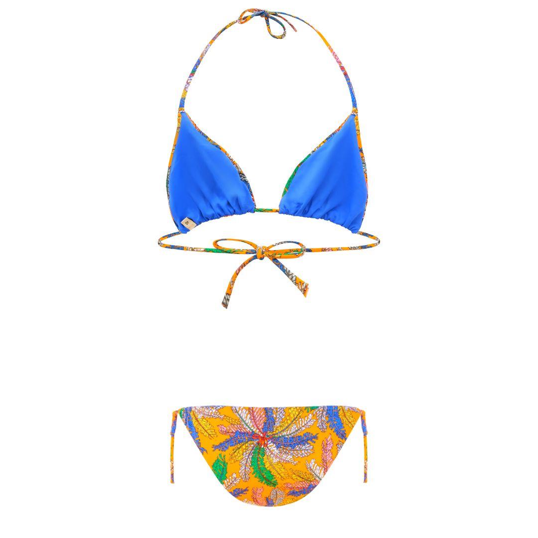 Emilio Pucci orange, blue and green string palm leaf print bikini.

Triangular bikini halter style top and matching high leg side tie bottoms. Features royal blue lining and adjustable ruching for desired coverage.

Condition Details: New with