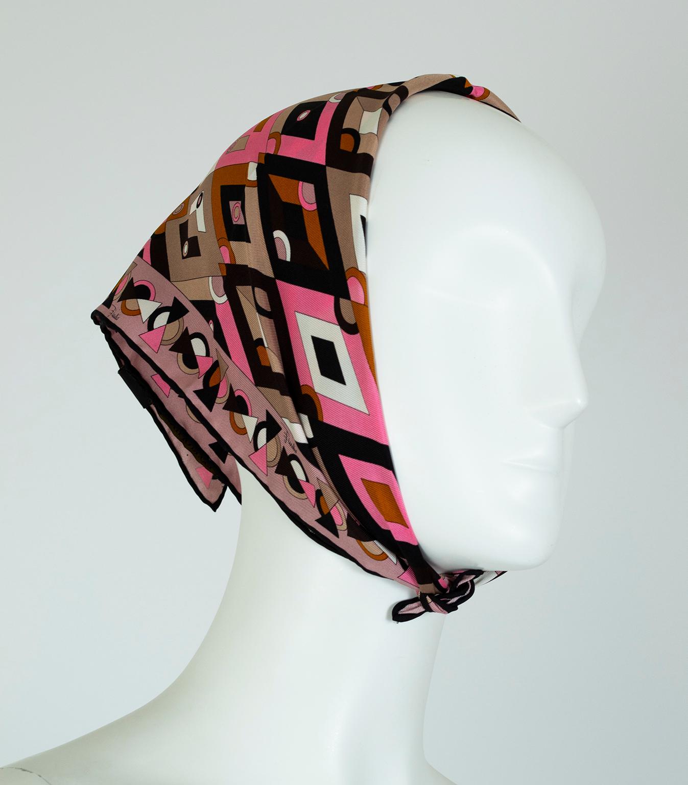 Sometimes all an outfit needs is a pop of color. This vibrant scarf combines searing color and psychedelic print in the way only Emilio Pucci can, and its smaller footprint permits wearing in a multitude of ways: as a head scarf, a neck wrap, a