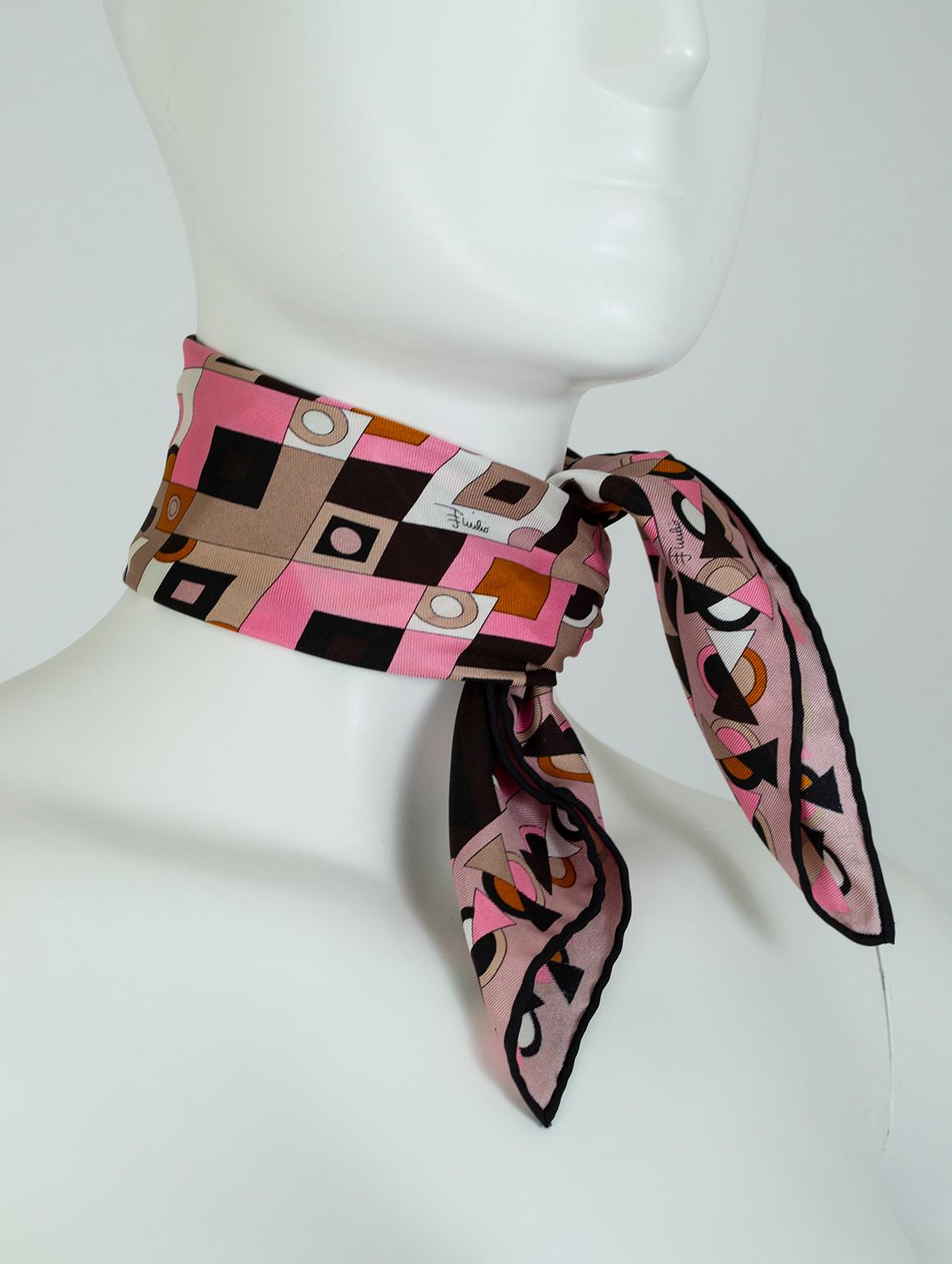 Brown Emilio Pucci Pink and Black Geometric Silk Square Scarf, 1990s