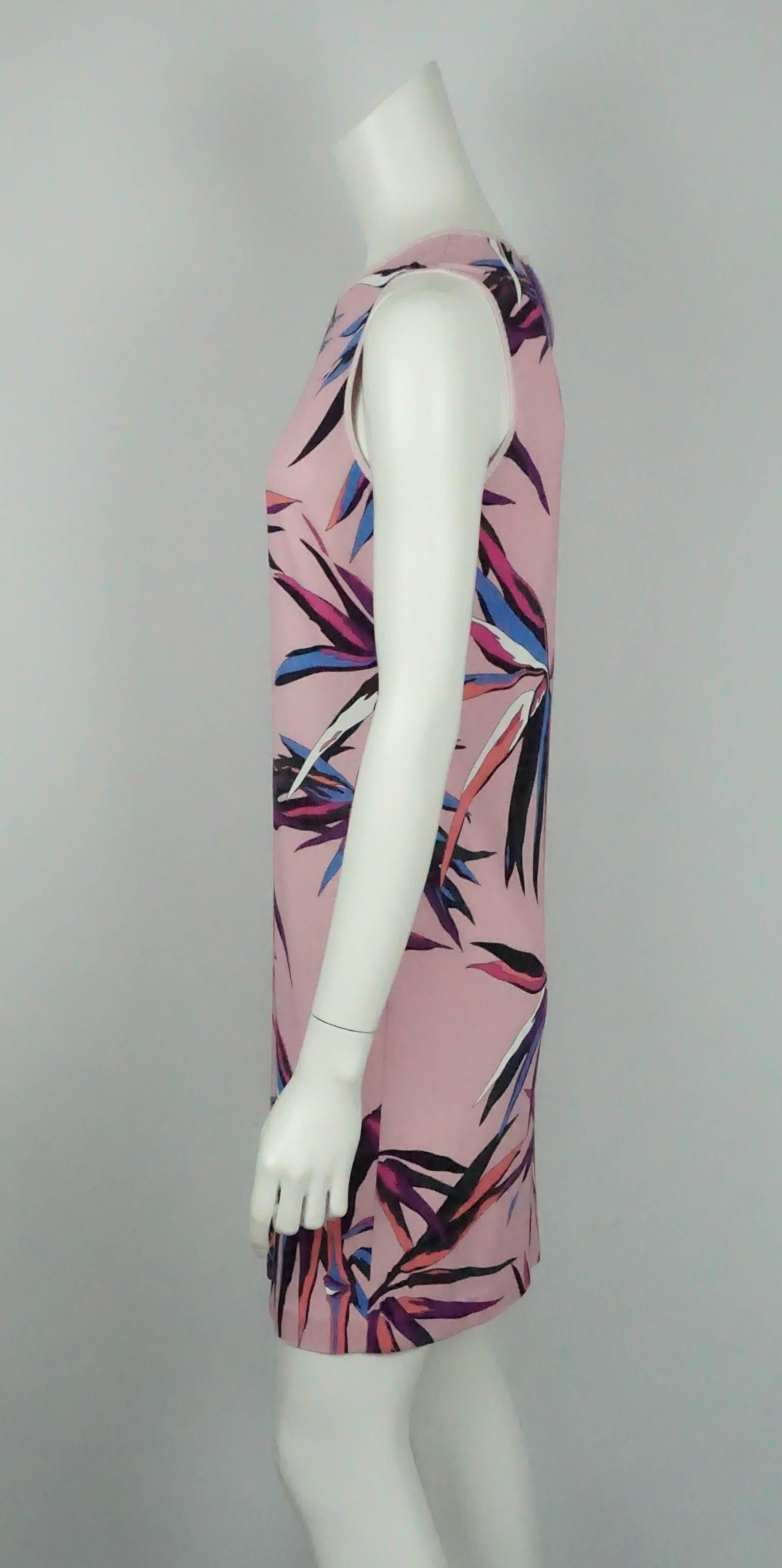 Emilio Pucci Pink and Multi Print Sleeveless Silk Shift Dress - 6  This beautiful creation is perfect for Spring. The dress is primarily a beautiful pink silk blend with a large floral print in purple, pink, blue, black, white and coral. The
