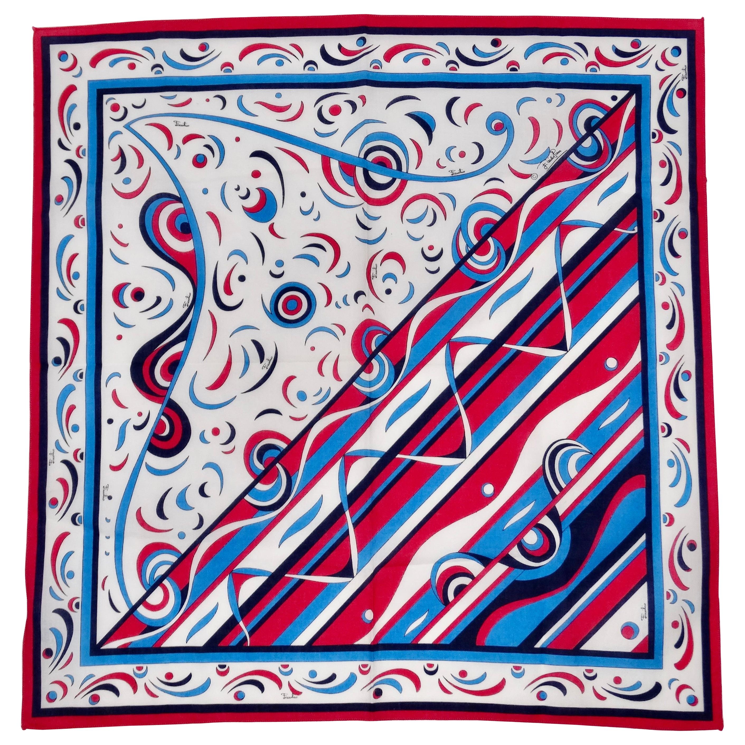 1960s Bright Blue Print Emilio Pucci Silk Scarf