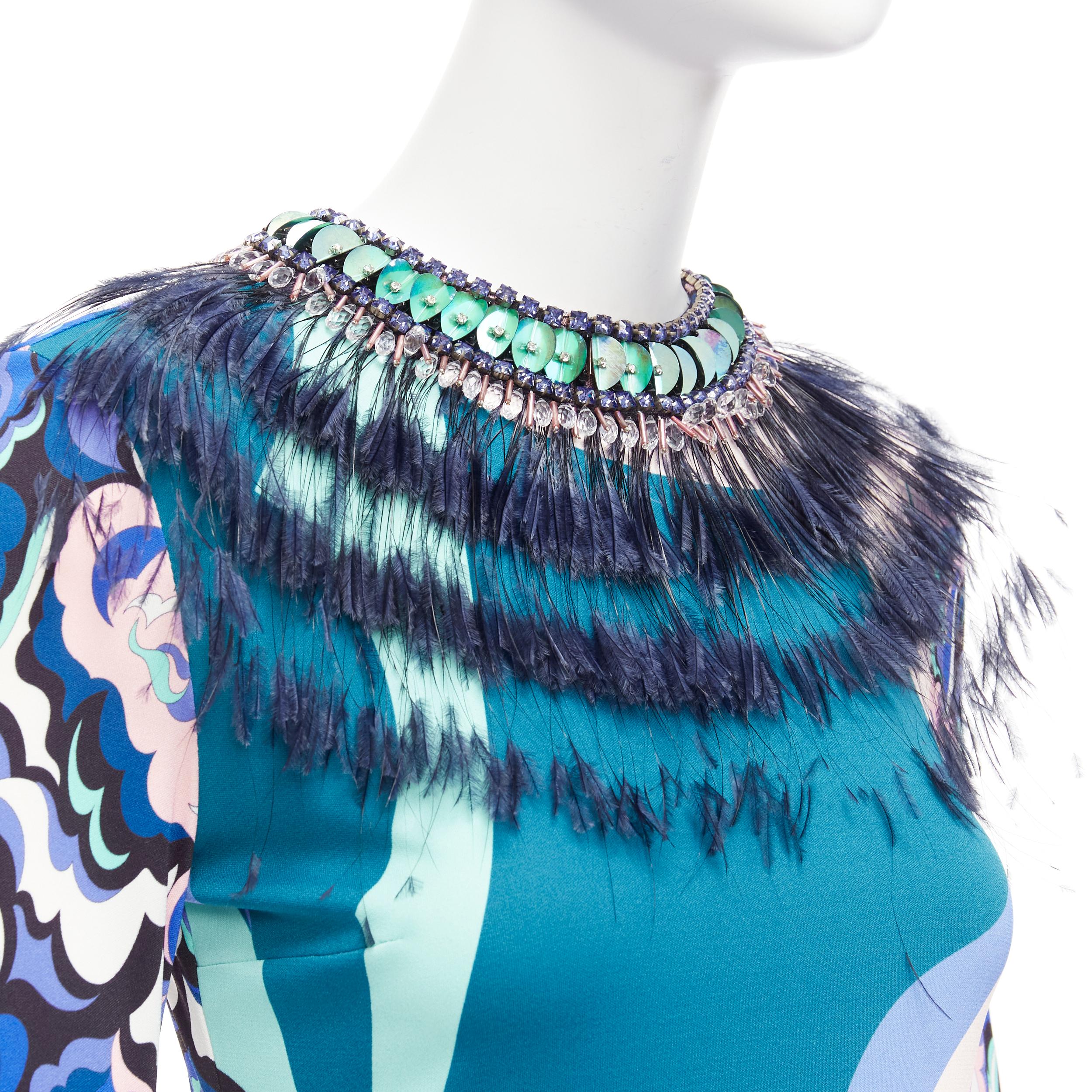 EMILIO PUCCI pink blue ostrich feather collar crystal embellished dress
Reference: CC/A00402
Brand: Emilio Pucci
Material: Fabric, Feather
Color: Multicolour
Pattern: Abstract
Closure: Zip
Extra Details: Back zip. Embellishments at collar and