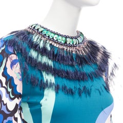 EMILIO PUCCI pink blue ostrich feather collar crystal embellished dress