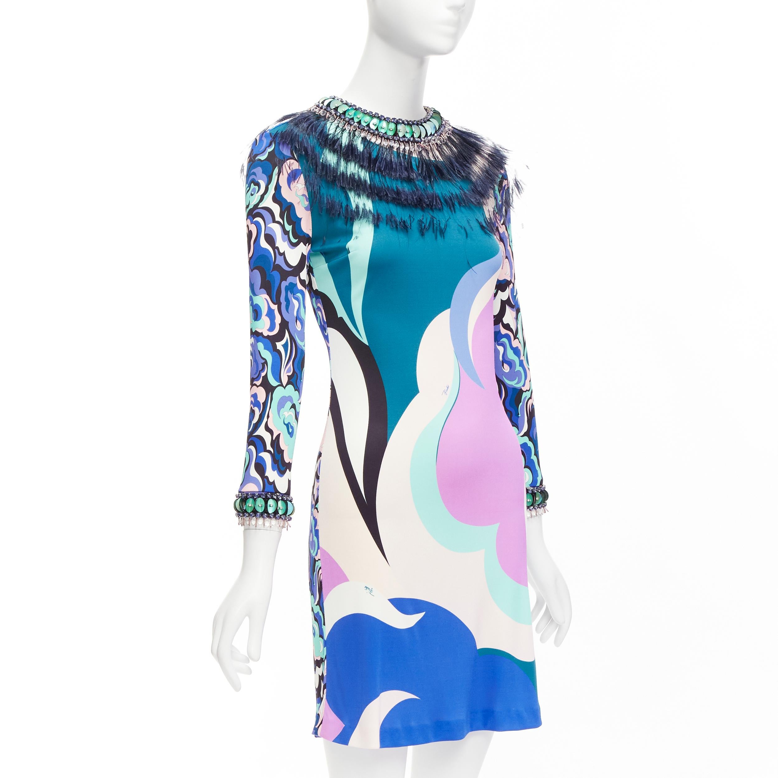 Purple EMILIO PUCCI pink blue ostrich feather collar crystal embellished dress For Sale
