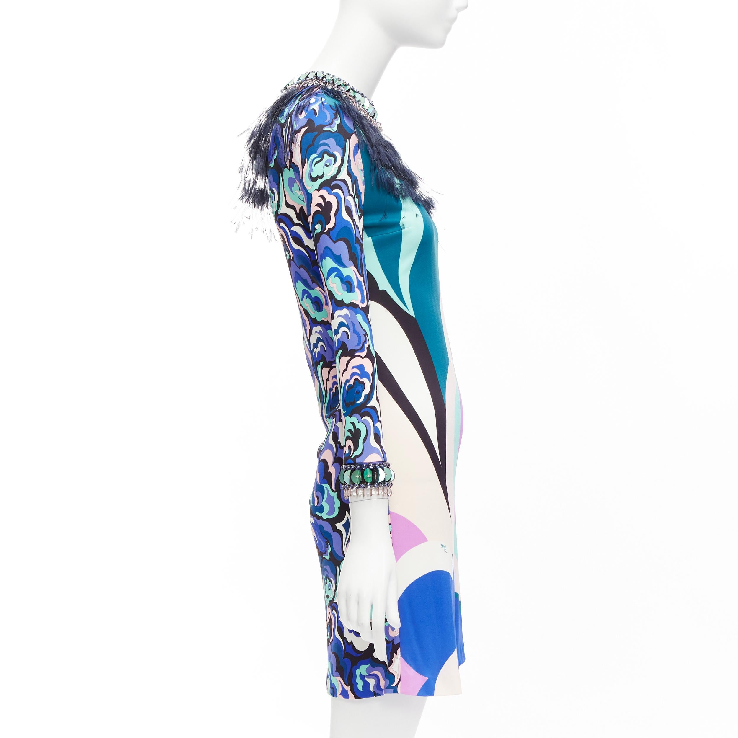 EMILIO PUCCI pink blue ostrich feather collar crystal embellished dress In Good Condition For Sale In Hong Kong, NT