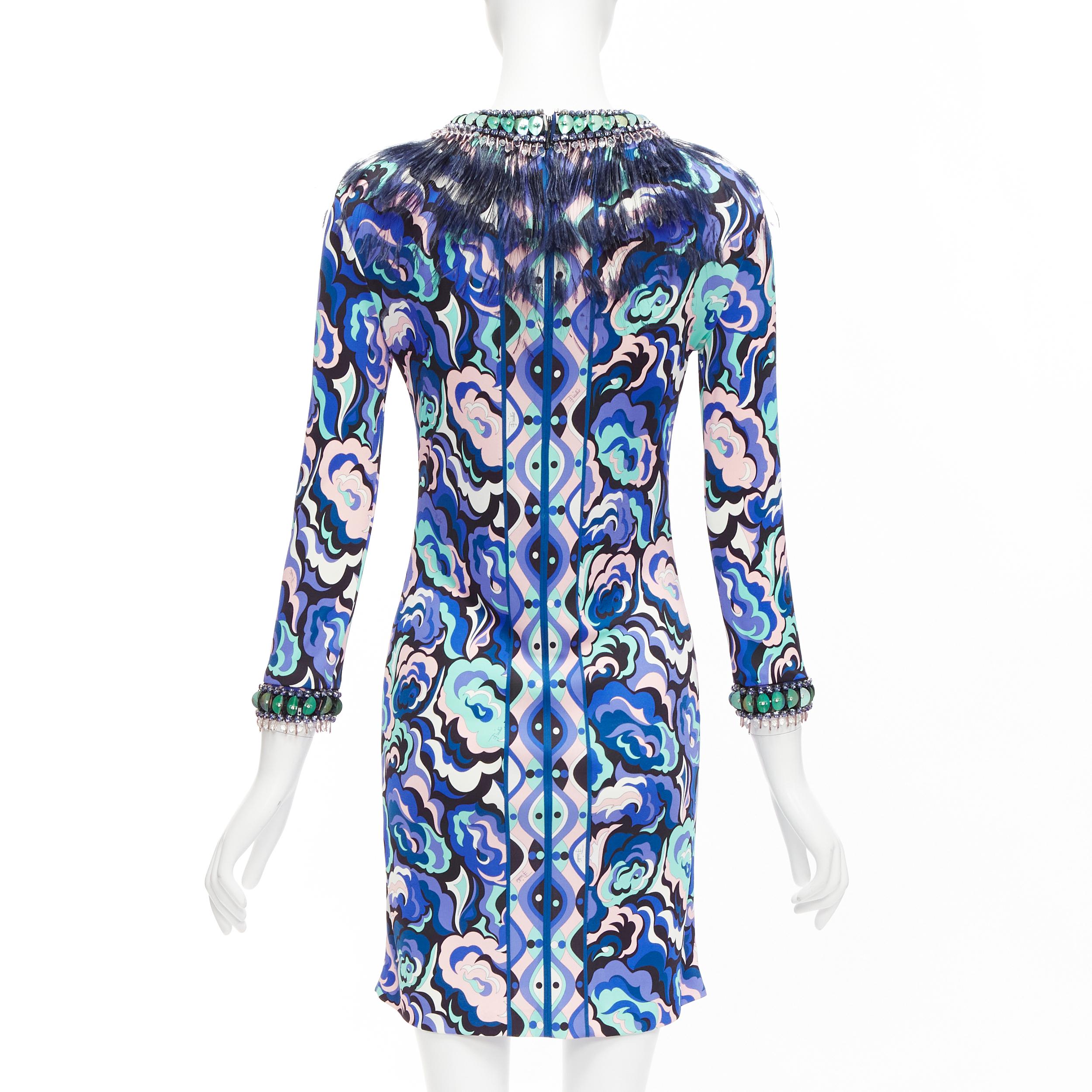 Women's EMILIO PUCCI pink blue ostrich feather collar crystal embellished dress For Sale