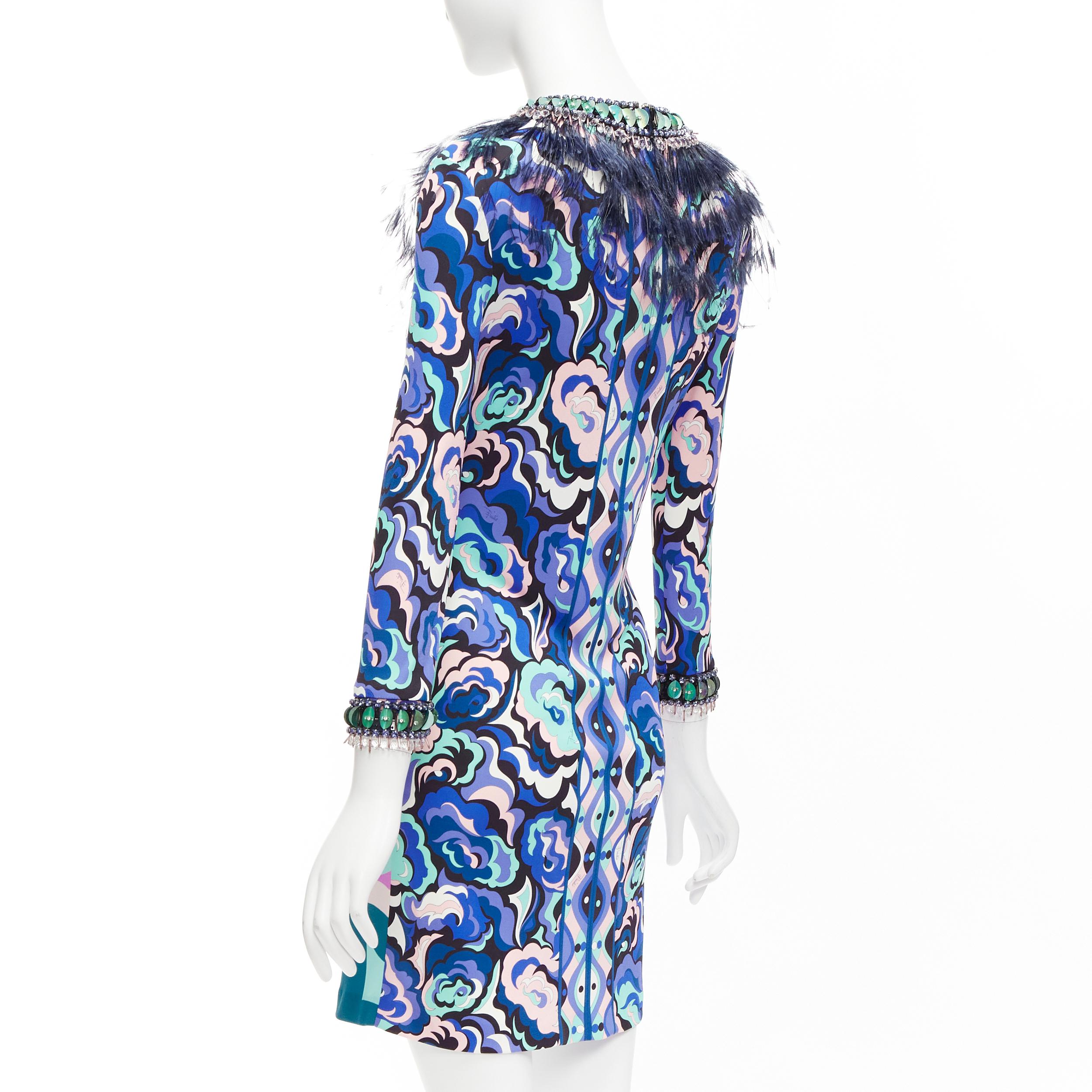 EMILIO PUCCI pink blue ostrich feather collar crystal embellished dress For Sale 1