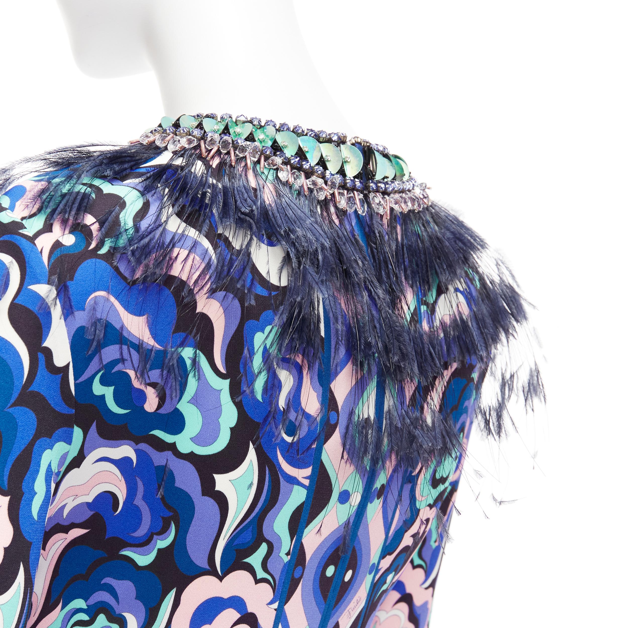 EMILIO PUCCI pink blue ostrich feather collar crystal embellished dress For Sale 3