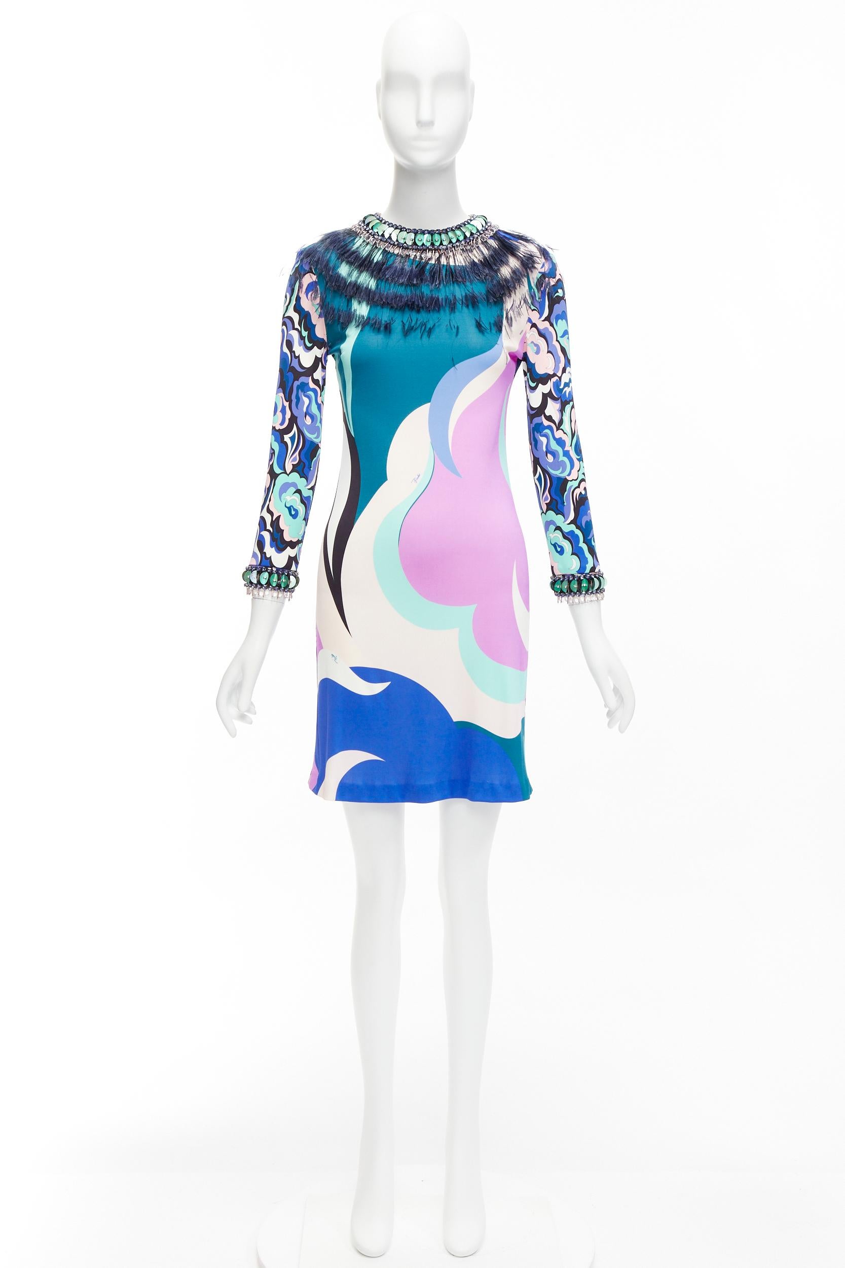 EMILIO PUCCI pink blue ostrich feather collar crystal embellished dress For Sale 5