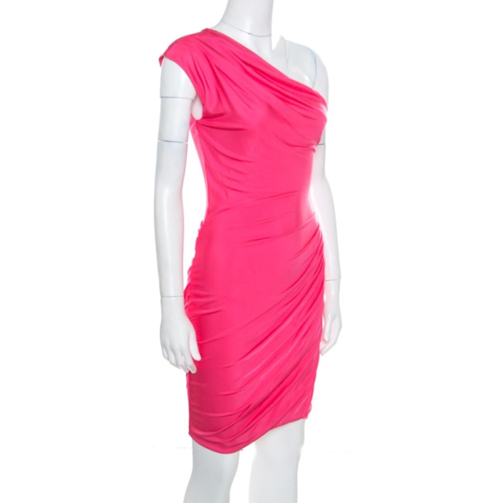 Emilio Pucci Pink Knit Draped One Shoulder Dress S In Good Condition In Dubai, Al Qouz 2
