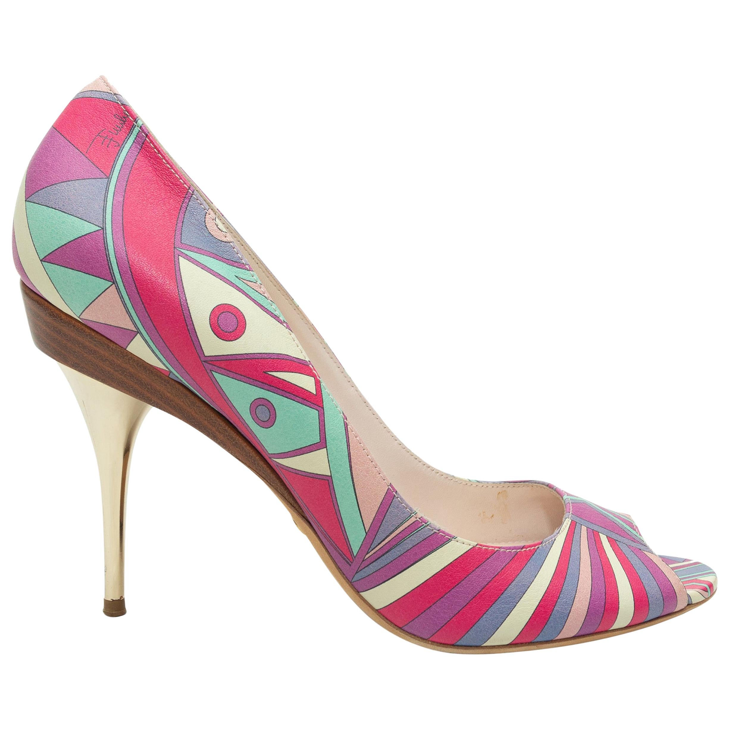 Emilio Pucci Pink & Multicolor Printed Peep-Toe Pumps