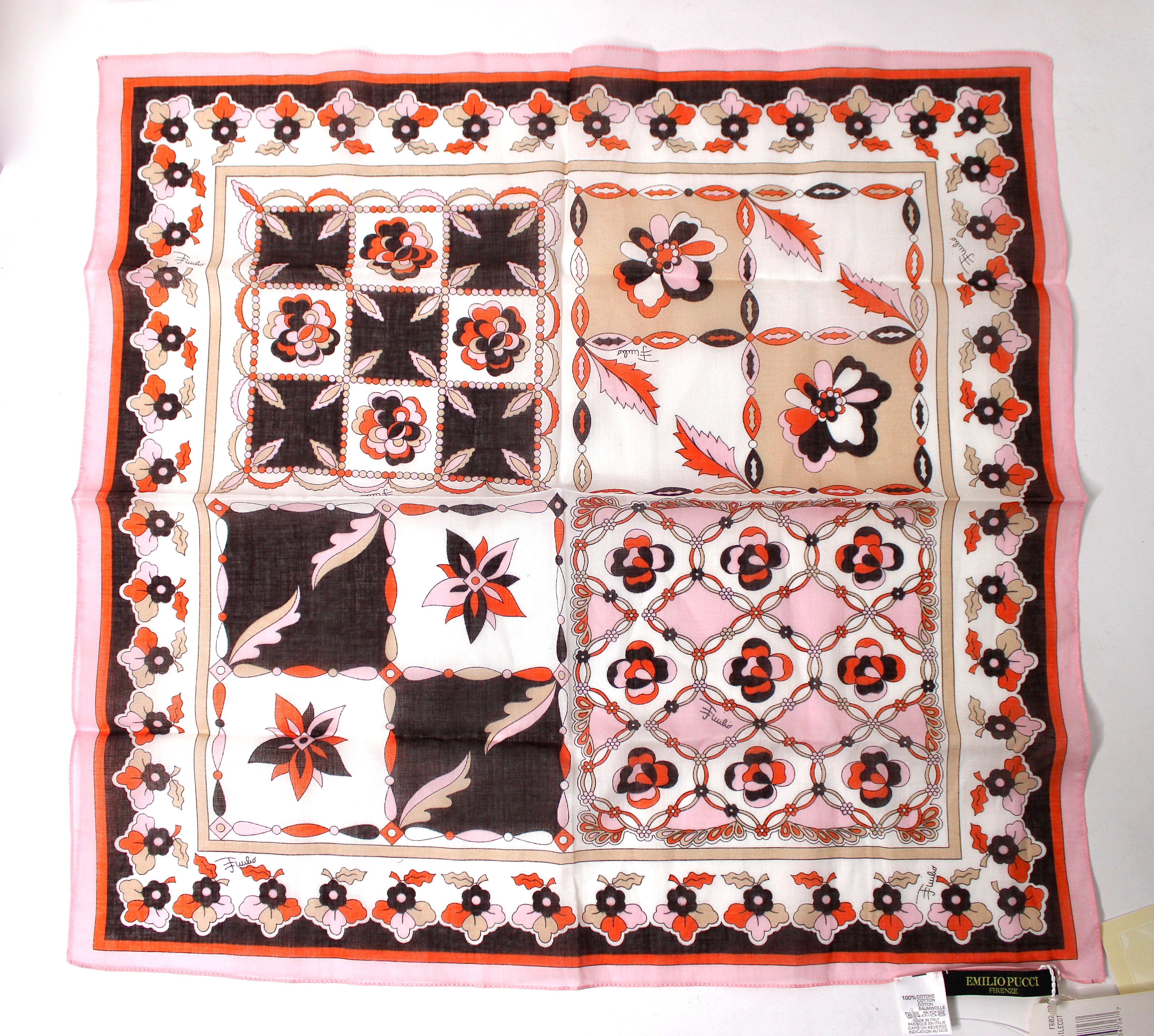 Emilio Pucci Pañuelo de Algodón Estampado Rosa, Naranja y Marrón en venta 1