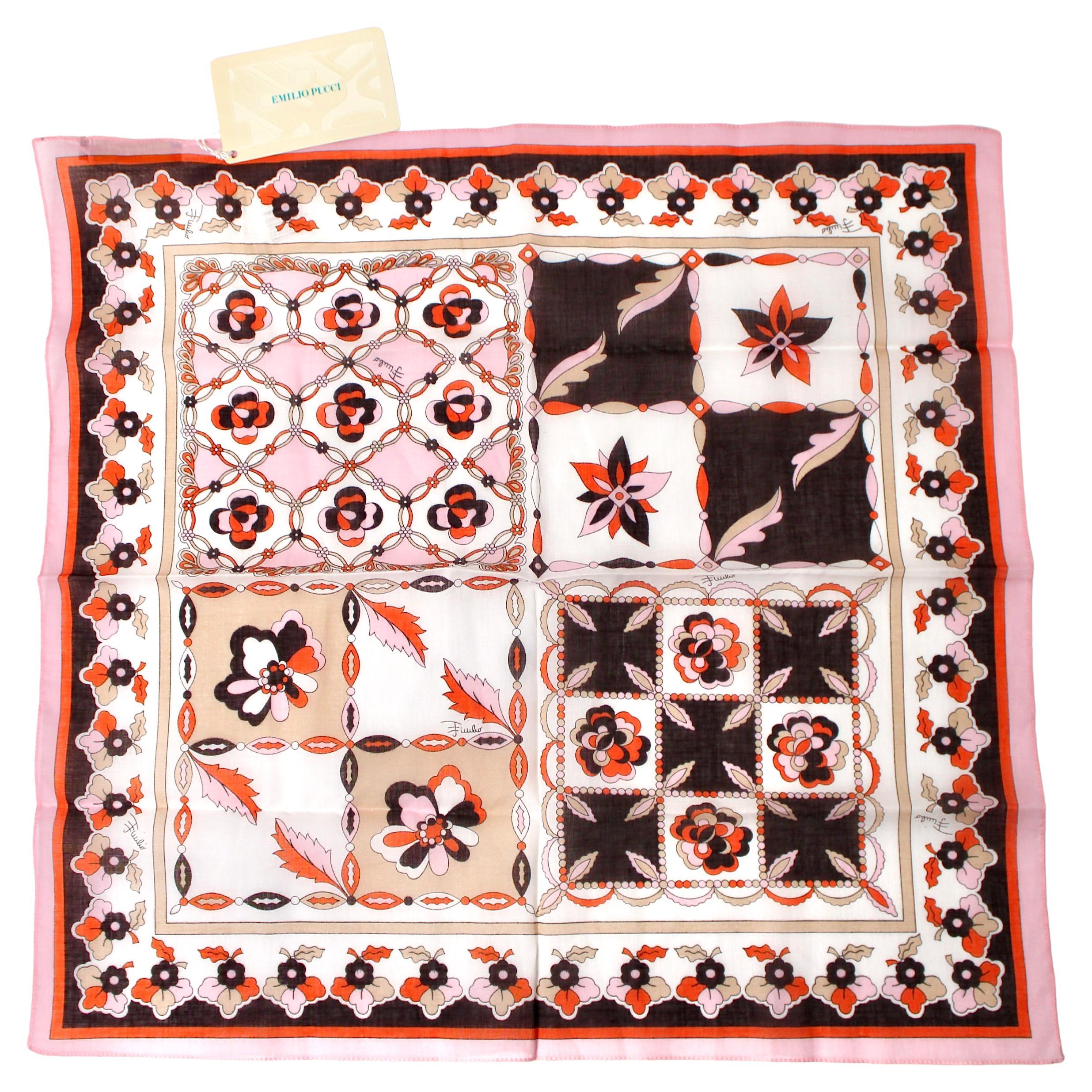 Emilio Pucci Pañuelo de Algodón Estampado Rosa, Naranja y Marrón en venta