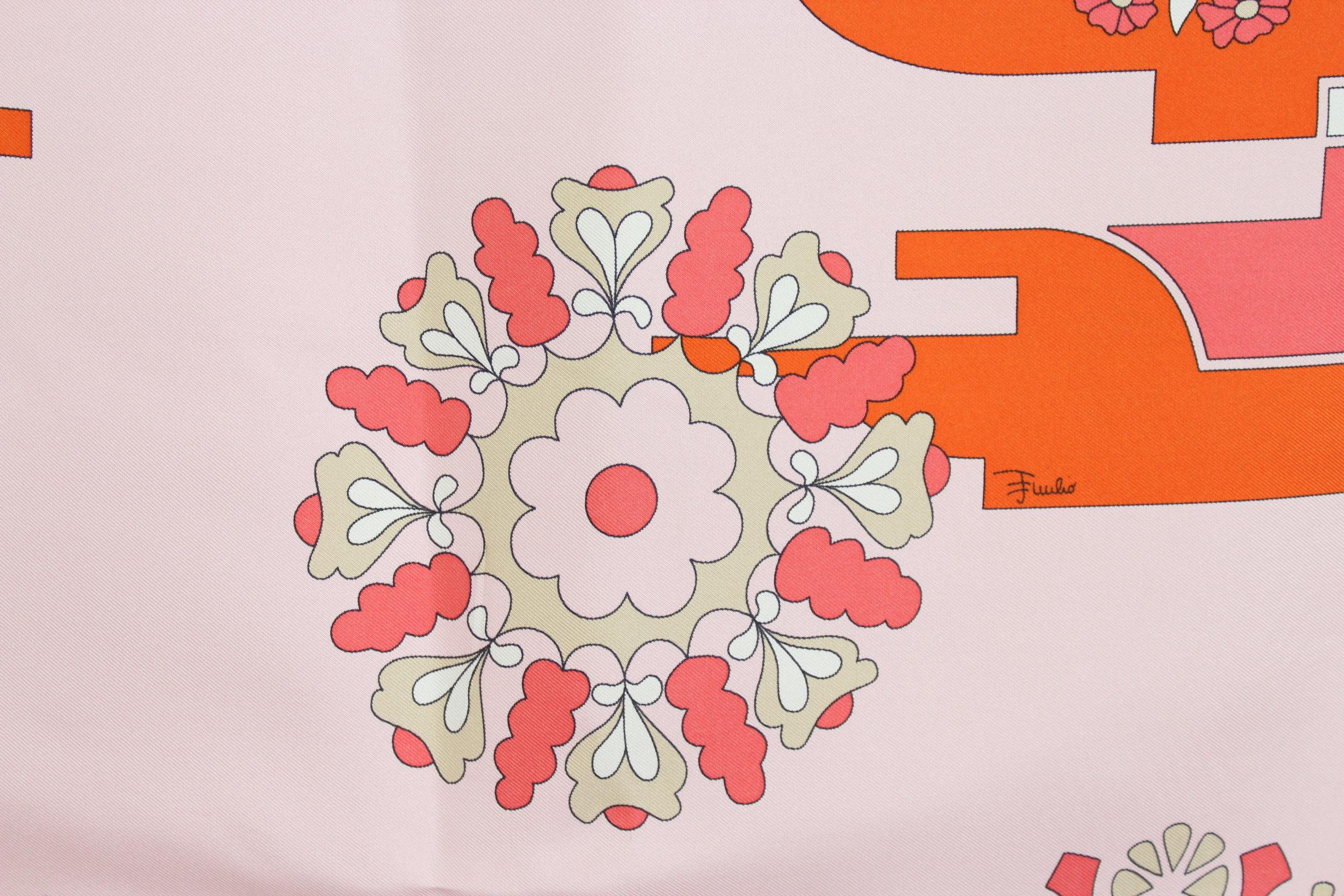 Emilio Pucci Pink Orange Silk Floral Elegant Scarf  In Excellent Condition In Brindisi, Bt