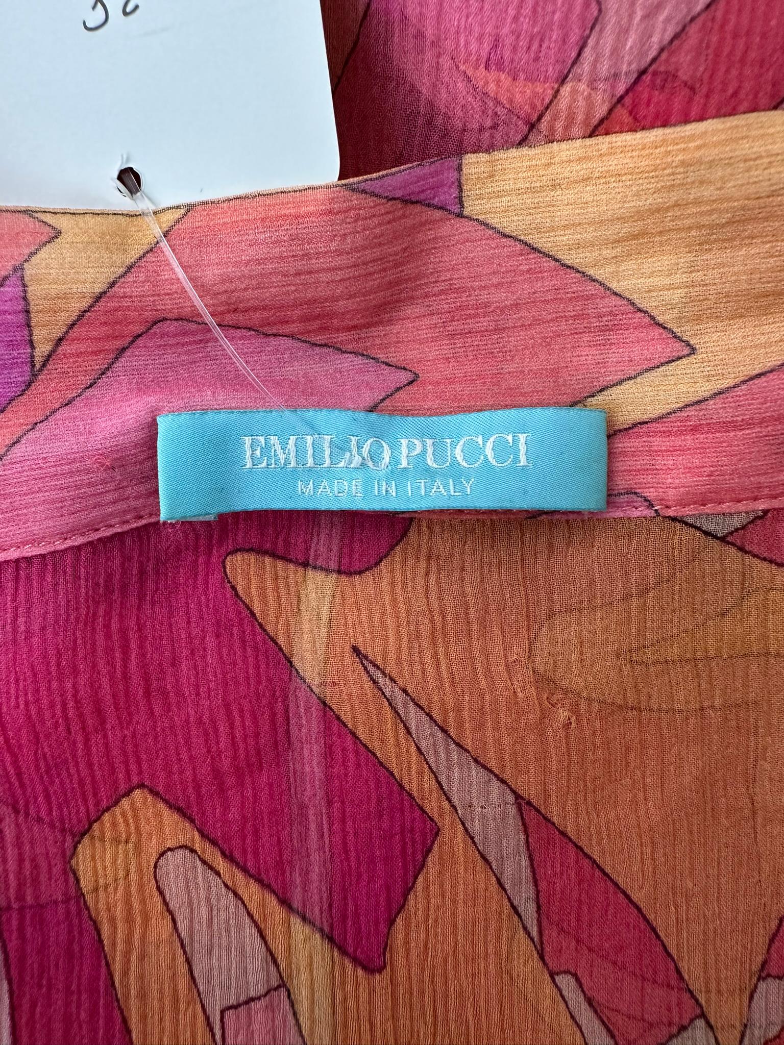 Emilio Pucci - Top a tunica in chiffon di seta trasparente con stampa rosa e fogliame tropicale 8 in vendita 8